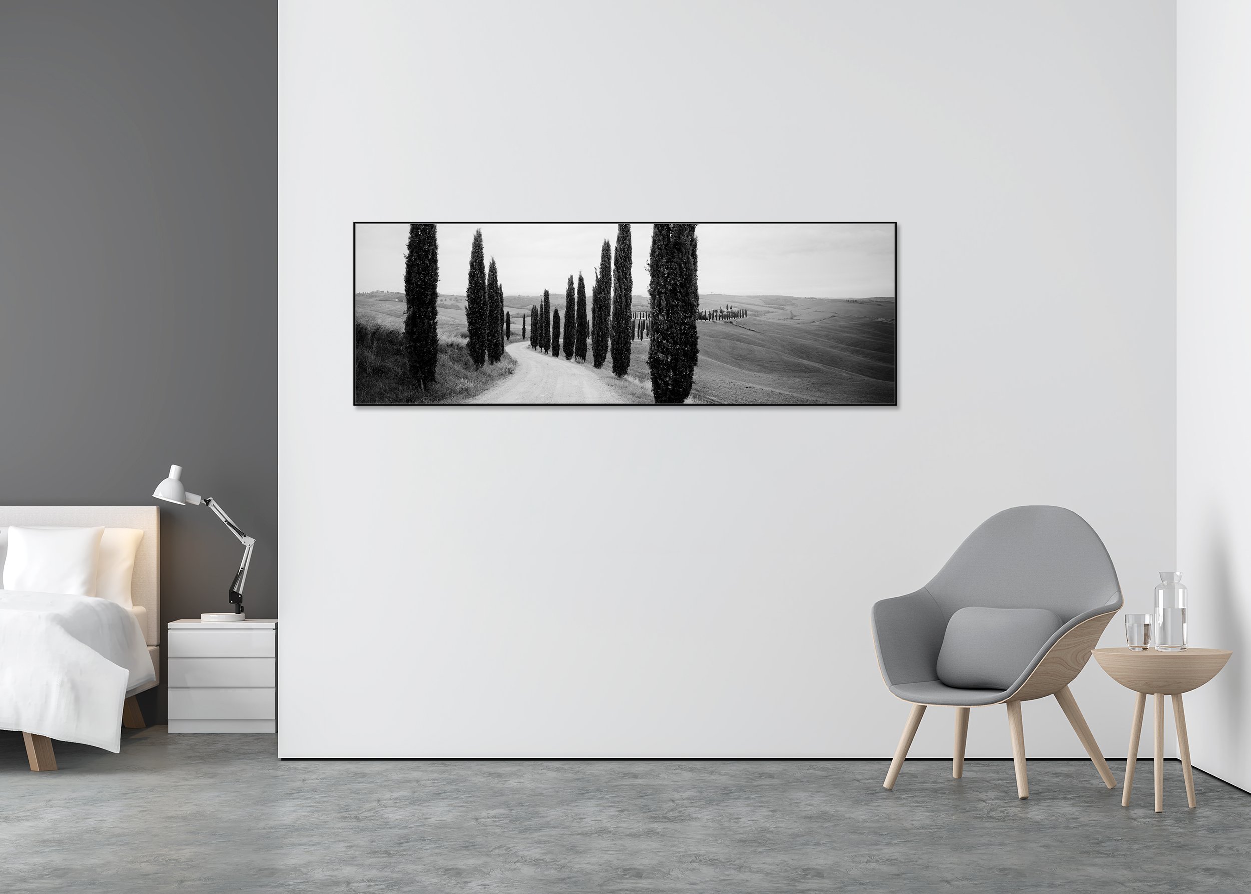 Black-and-white photo print of a winding Tuscan road lined with tall cypress trees through rolling hills, mounted to Dibond in an aluminium ArtBox.