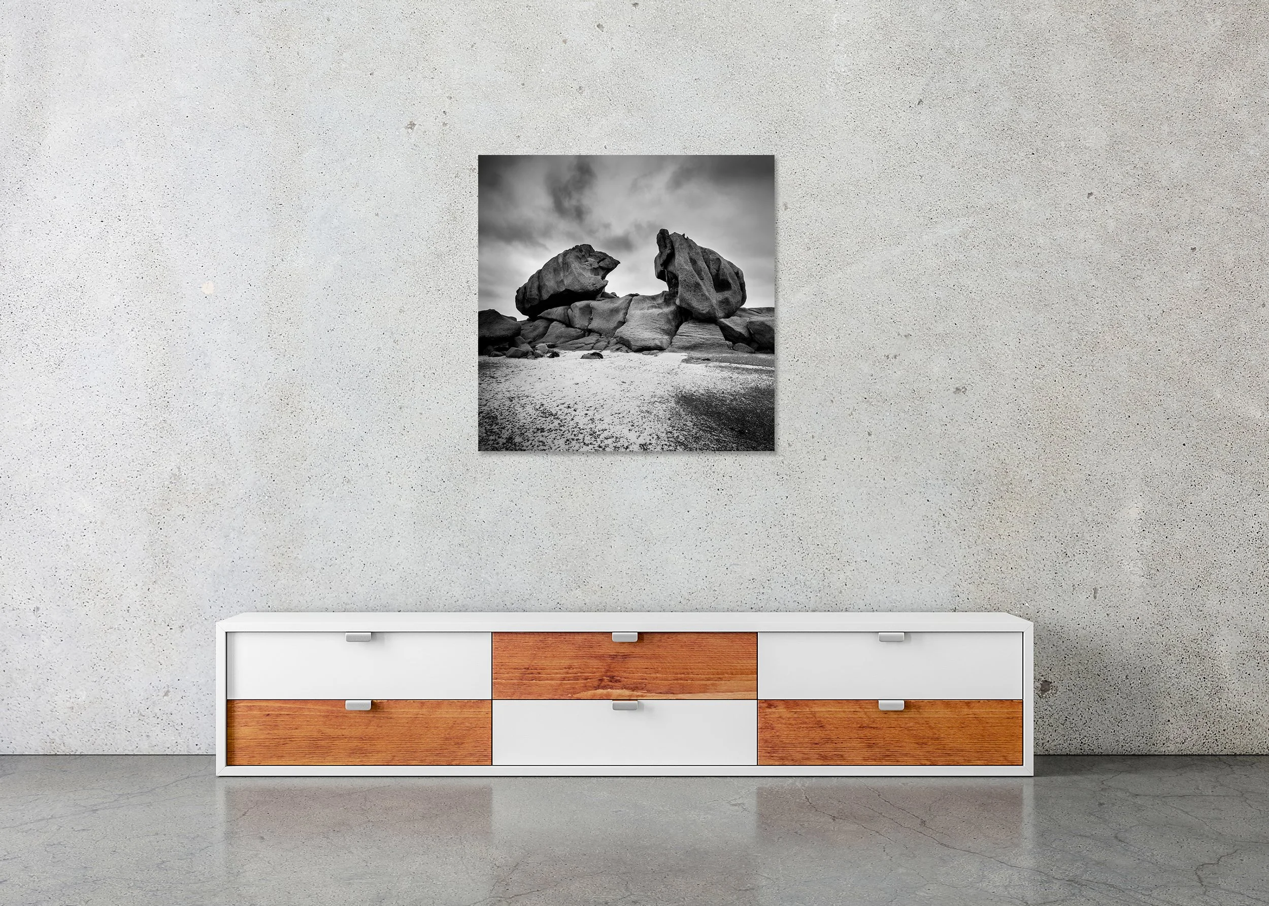 Crab Claws Rock Study 1 displayed in a modern interior as a frameless black-and-white artwork mounted on aluminium Dibond by Gerald Berghammer.