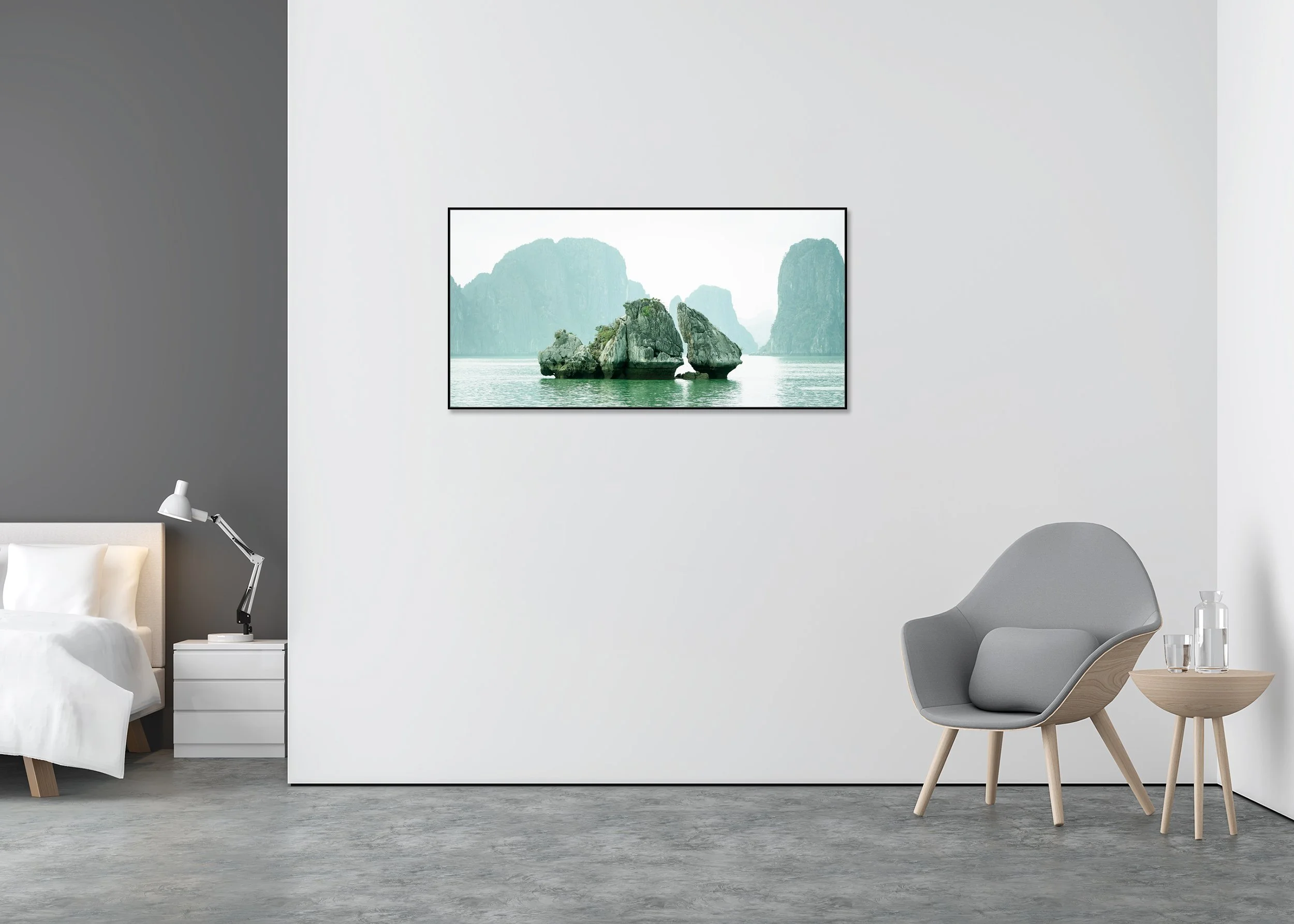 Rock Shapes Panorama – Ha Long Bay, colour photograph on Dibond in an aluminium ArtBox displayed in a minimalist interior. Photo by Gerald Berghammer.