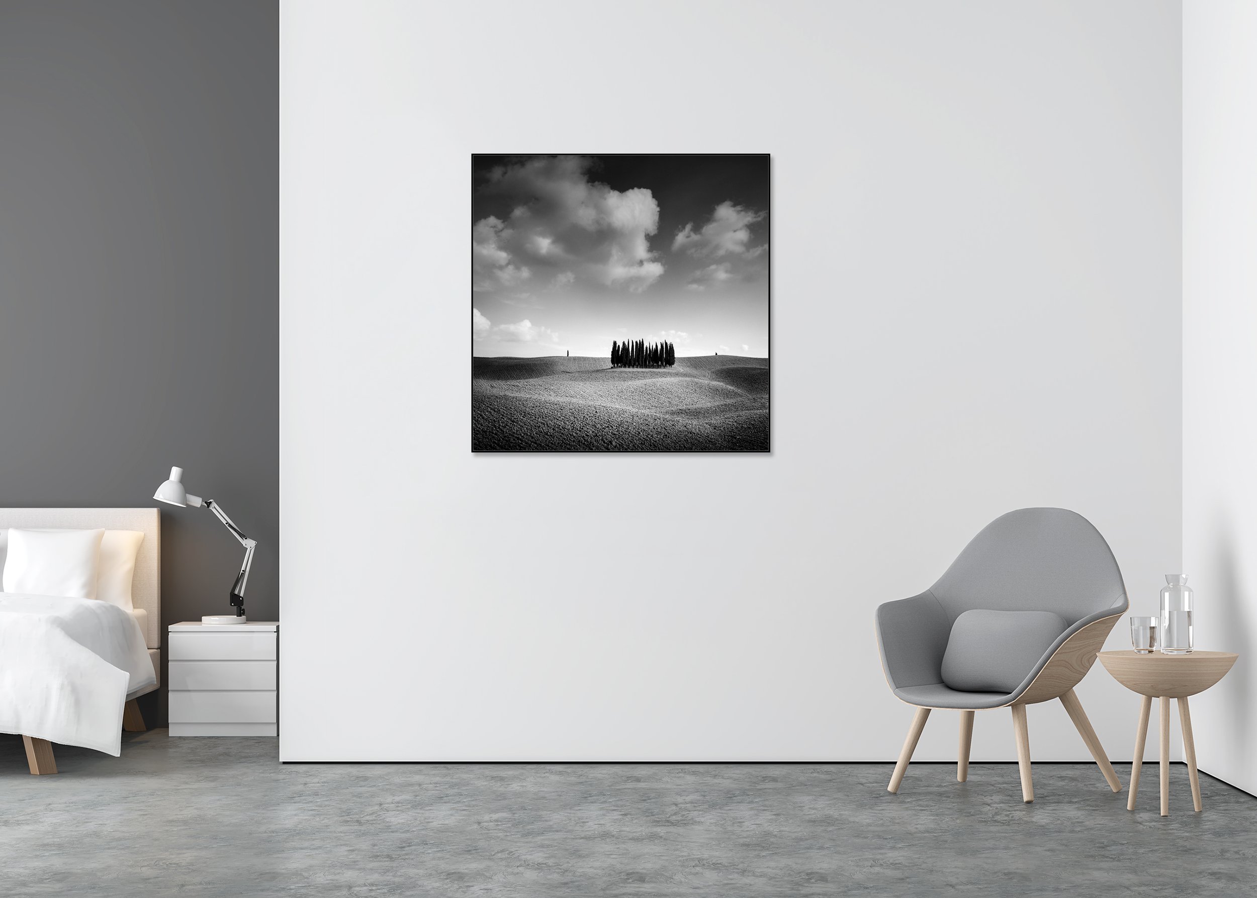 Cypress Hill, Study 1 – black-and-white Dibond print in a black aluminium ArtBox displayed in a minimalist bedroom.