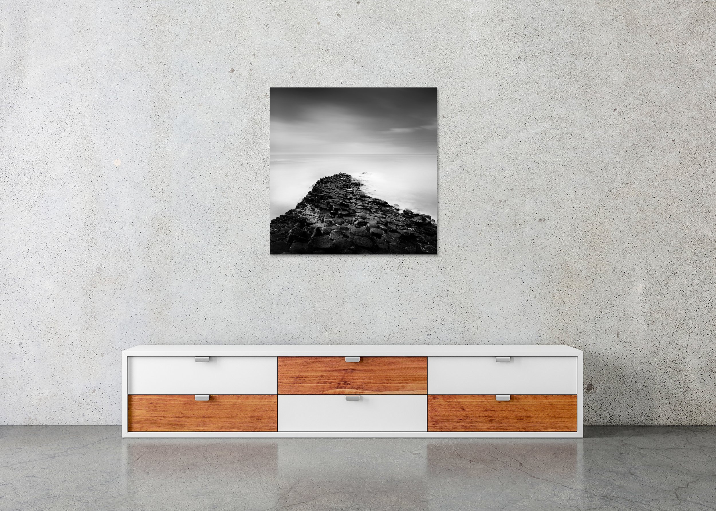 Giant’s Causeway Study 2 displayed in a contemporary interior as a frameless Dibond artwork by Gerald Berghammer.