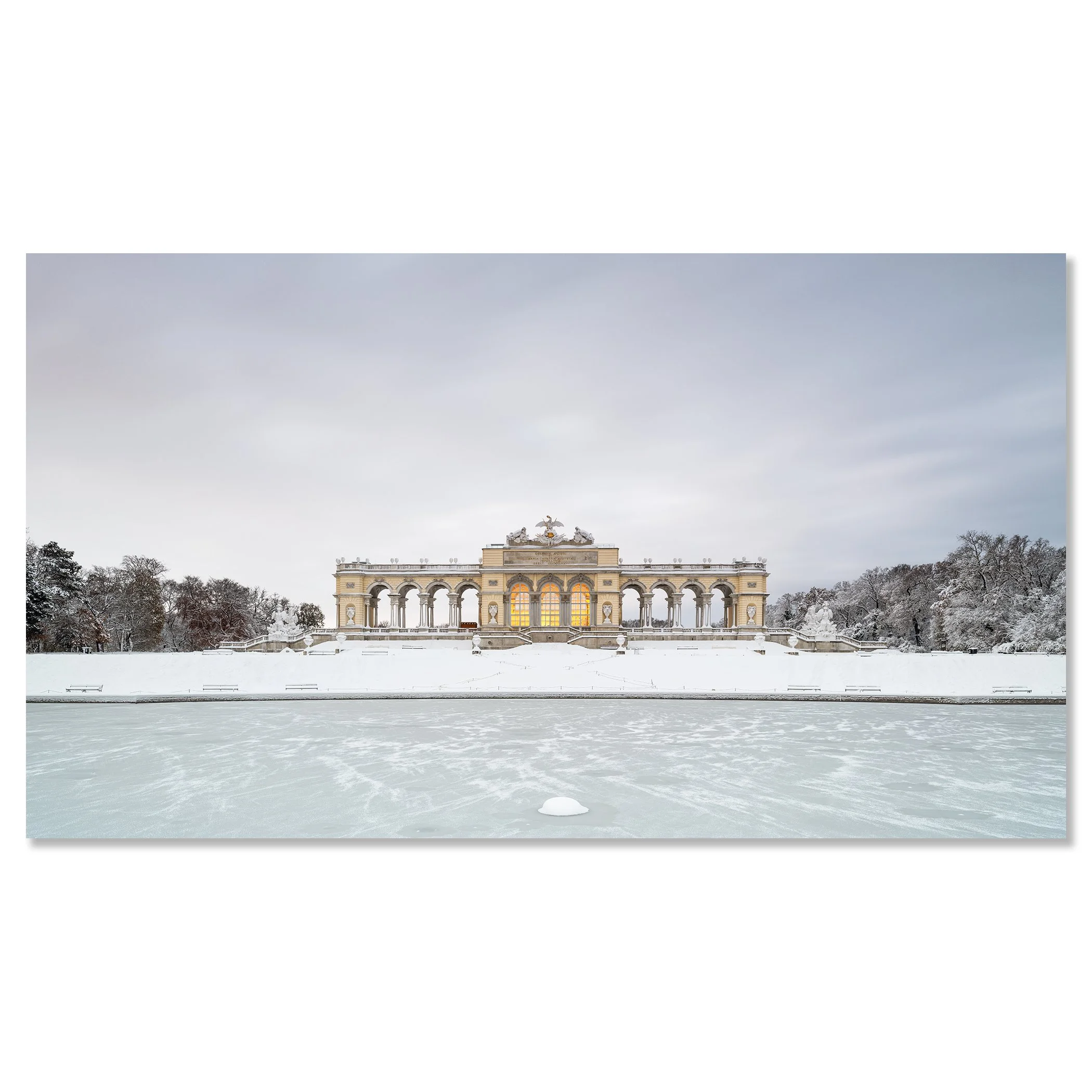 Snow-Covered Gloriette at Schönbrunn Palace, Vienna, presented as a frameless colour photograph mounted on aluminium Dibond.