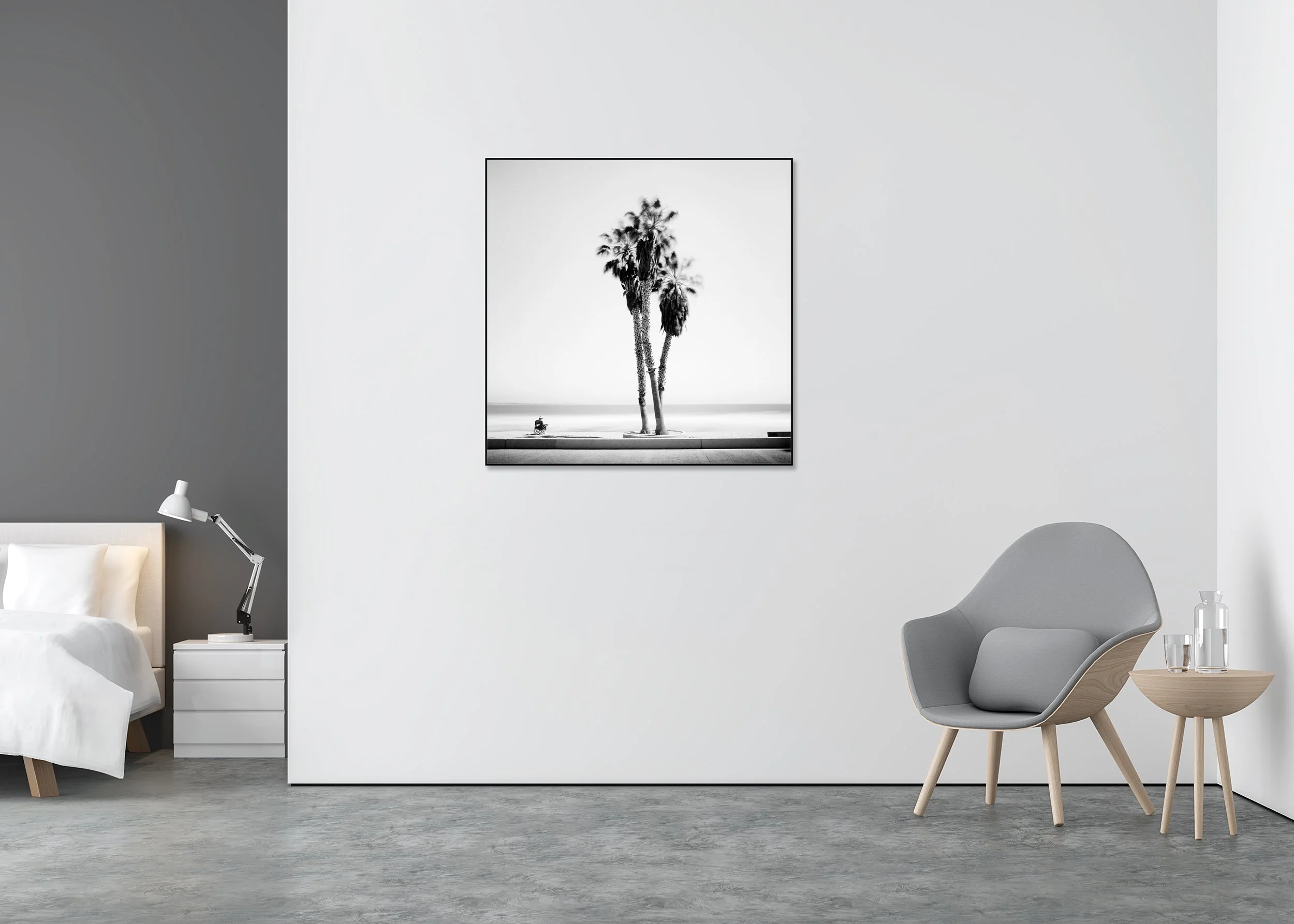 Sunday Relaxing displayed in a modern interior as a black-and-white Dibond print in a black aluminium ArtBox frame by Gerald Berghammer.