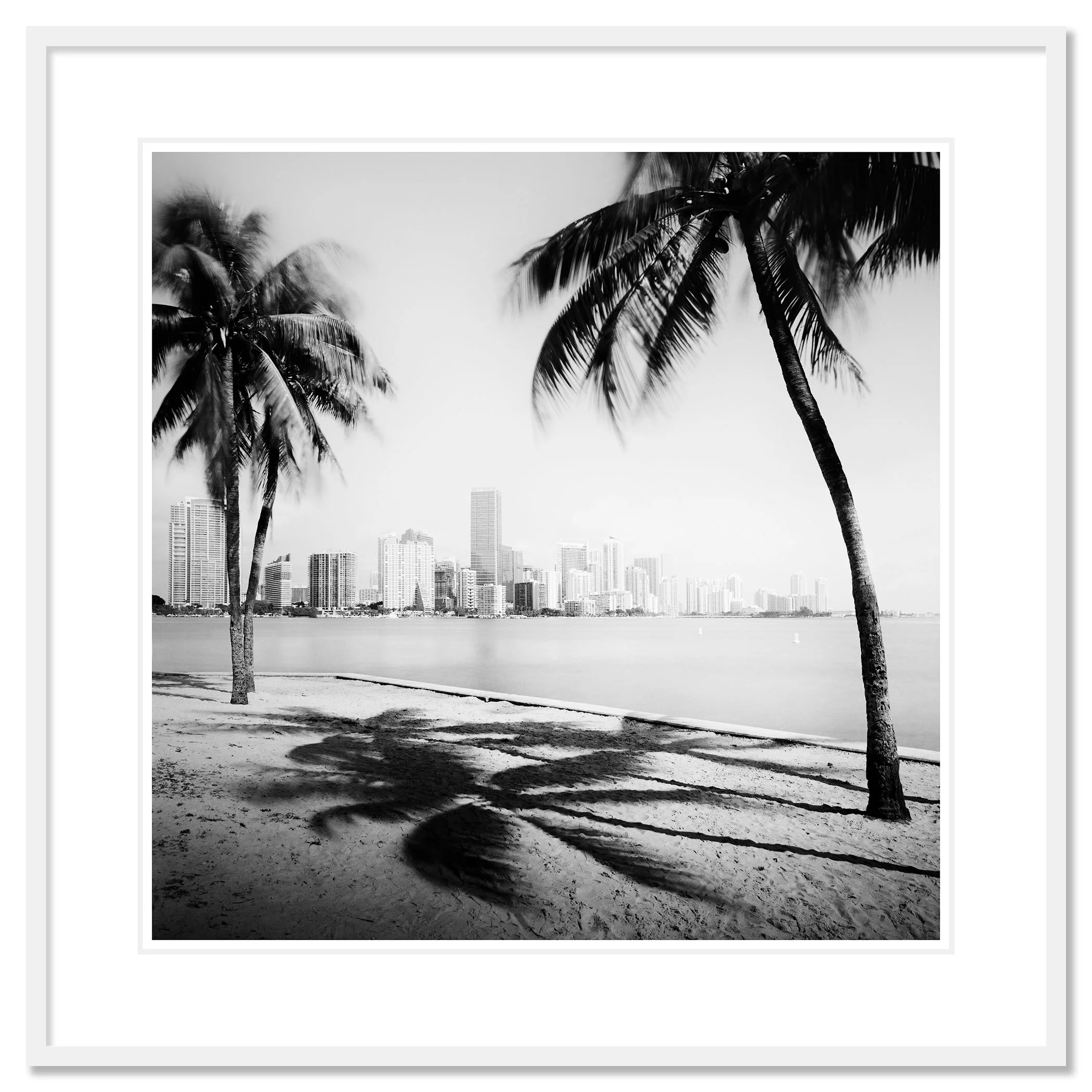 Gerald Berghammer - Black and white cityscape photography. Beach with palm trees in the foreground and the city skyline of Miami Beach in the background. Classic framed white