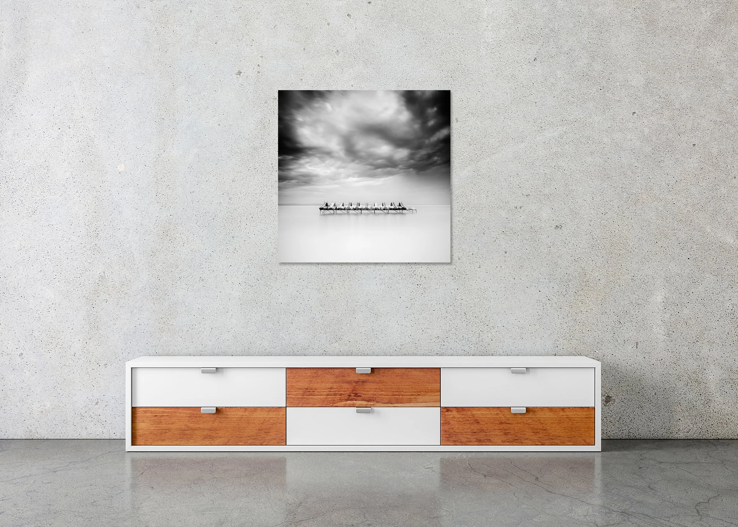 Pedal Boat Study 1, Balaton, black-and-white photo print mounted to Dibond, frameless