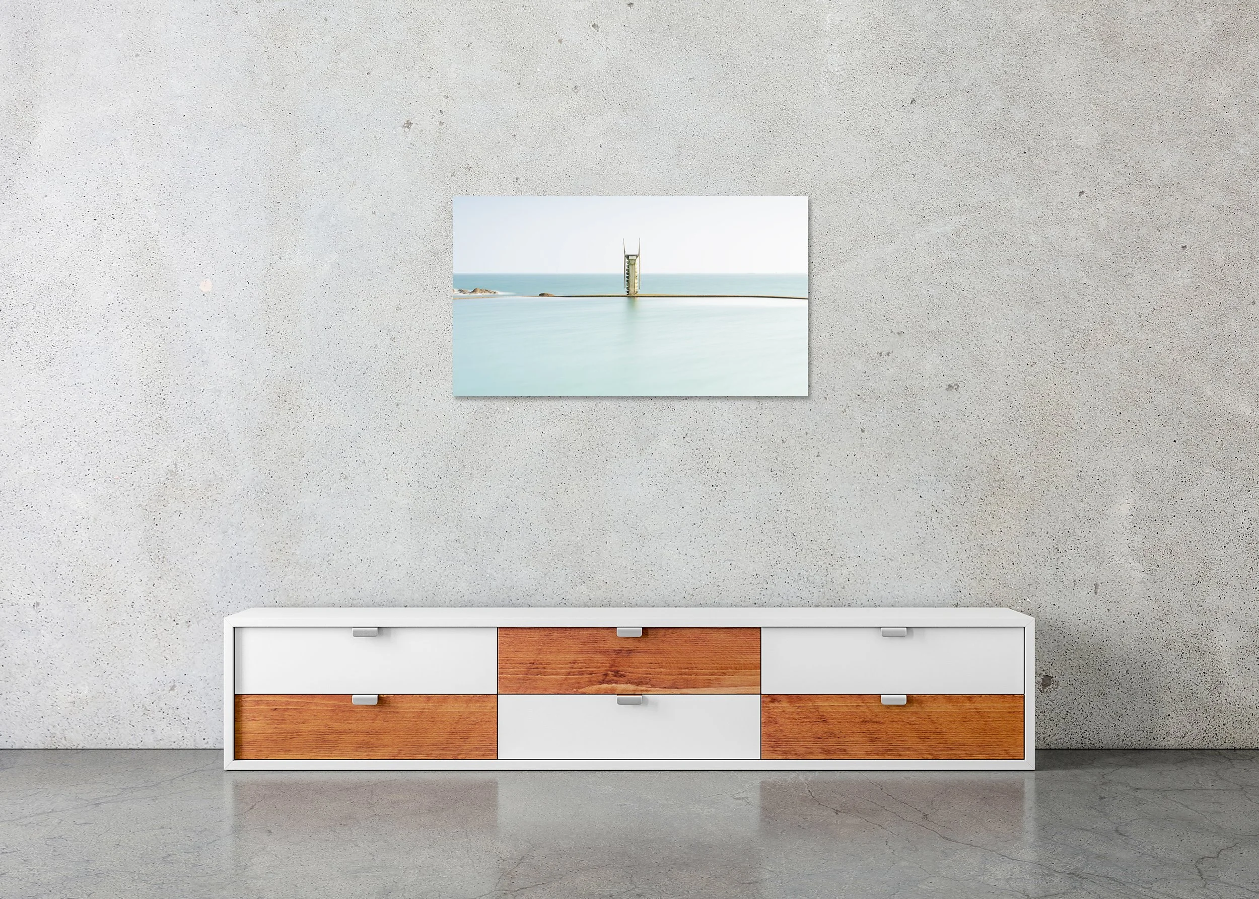 Diving Platform Panorama Study 2 displayed in a modern interior as a frameless colour artwork mounted on aluminium Dibond by Gerald Berghammer.