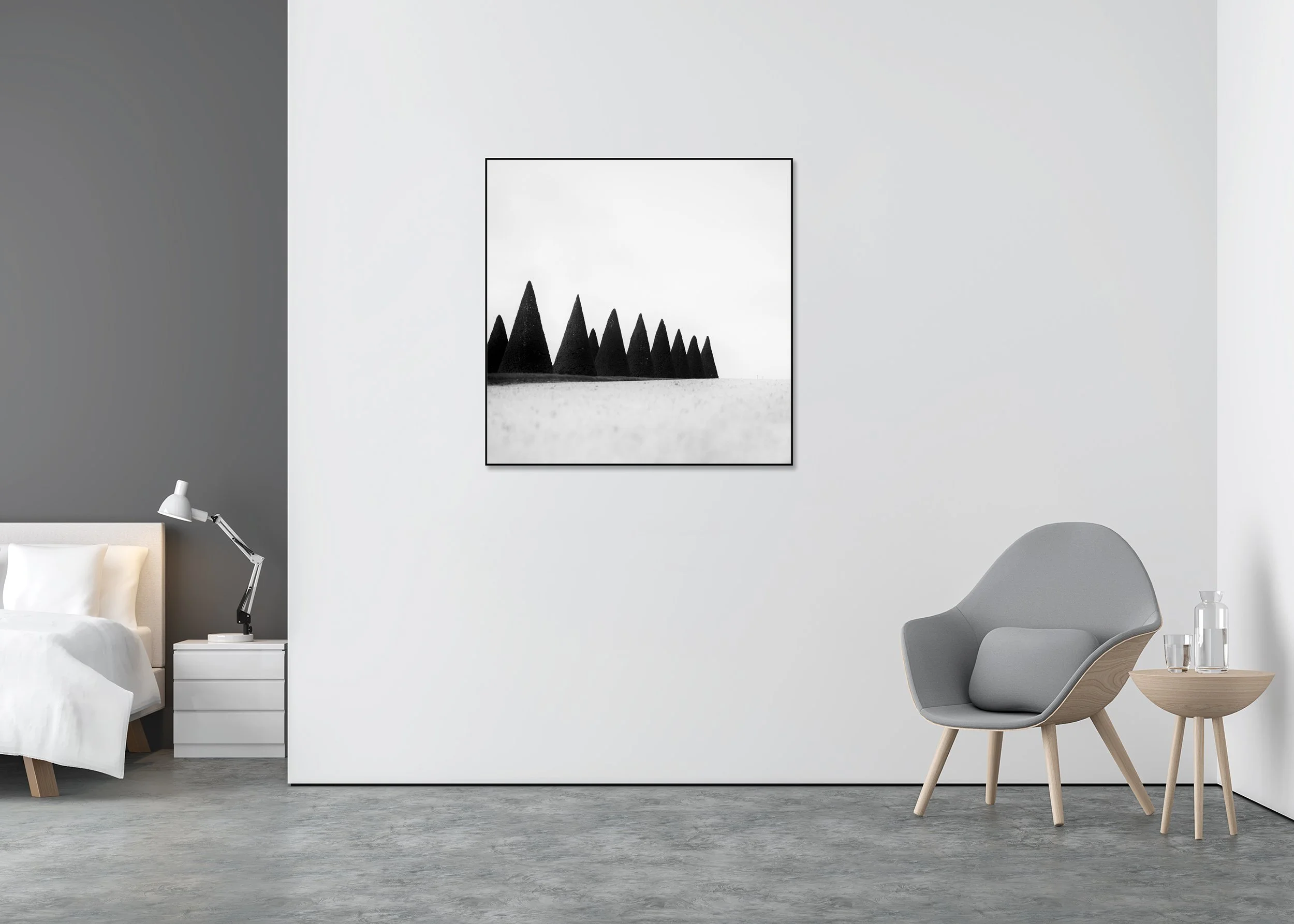 Hedges Study 3 displayed in a minimalist bedroom, mounted on aluminium Dibond in a black ArtBox frame by Gerald Berghammer.