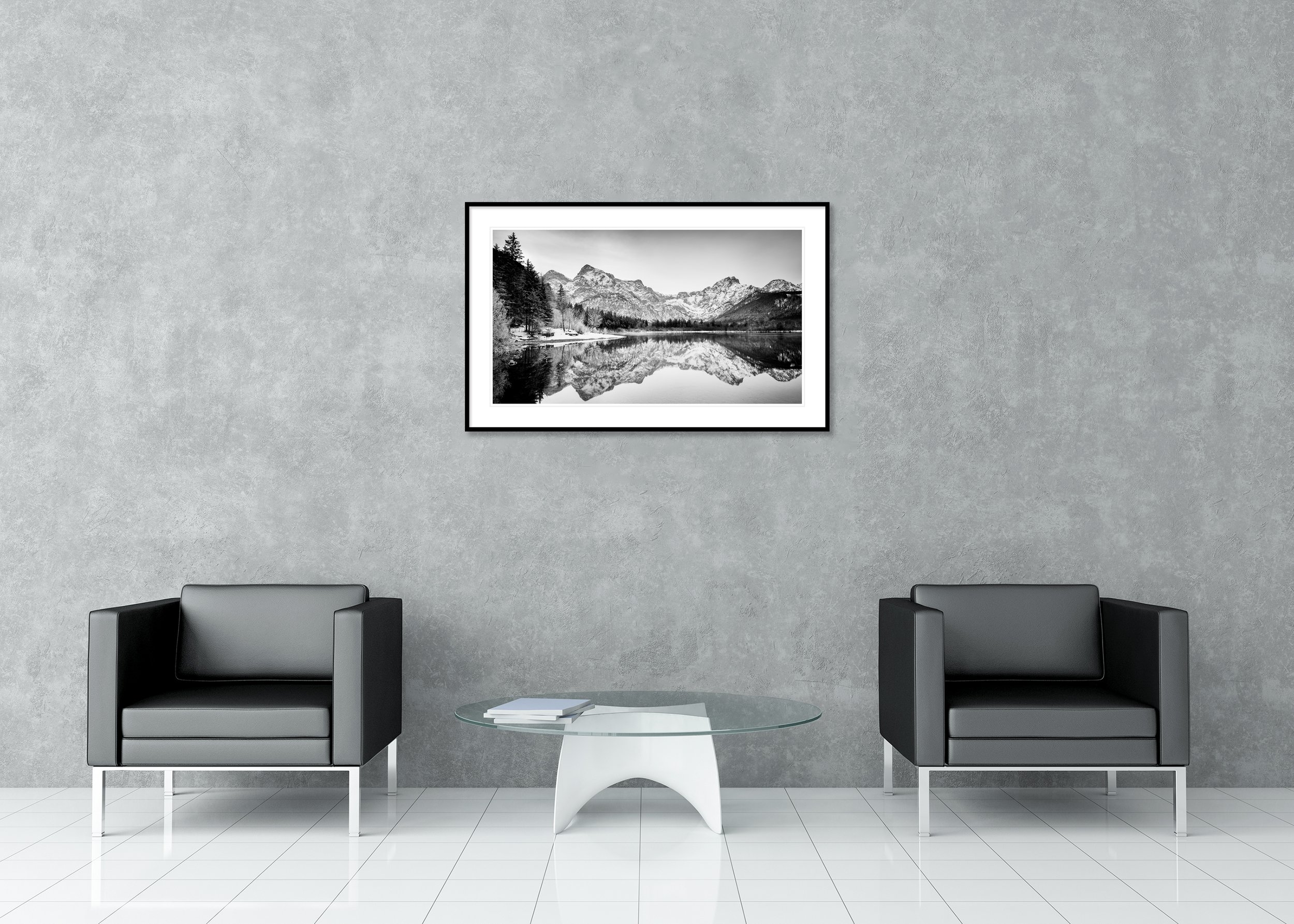 White Mountains, Almsee, Austria, displayed in a modern interior as an archival pigment print in an aluminium frame with white mount by Gerald Berghammer.