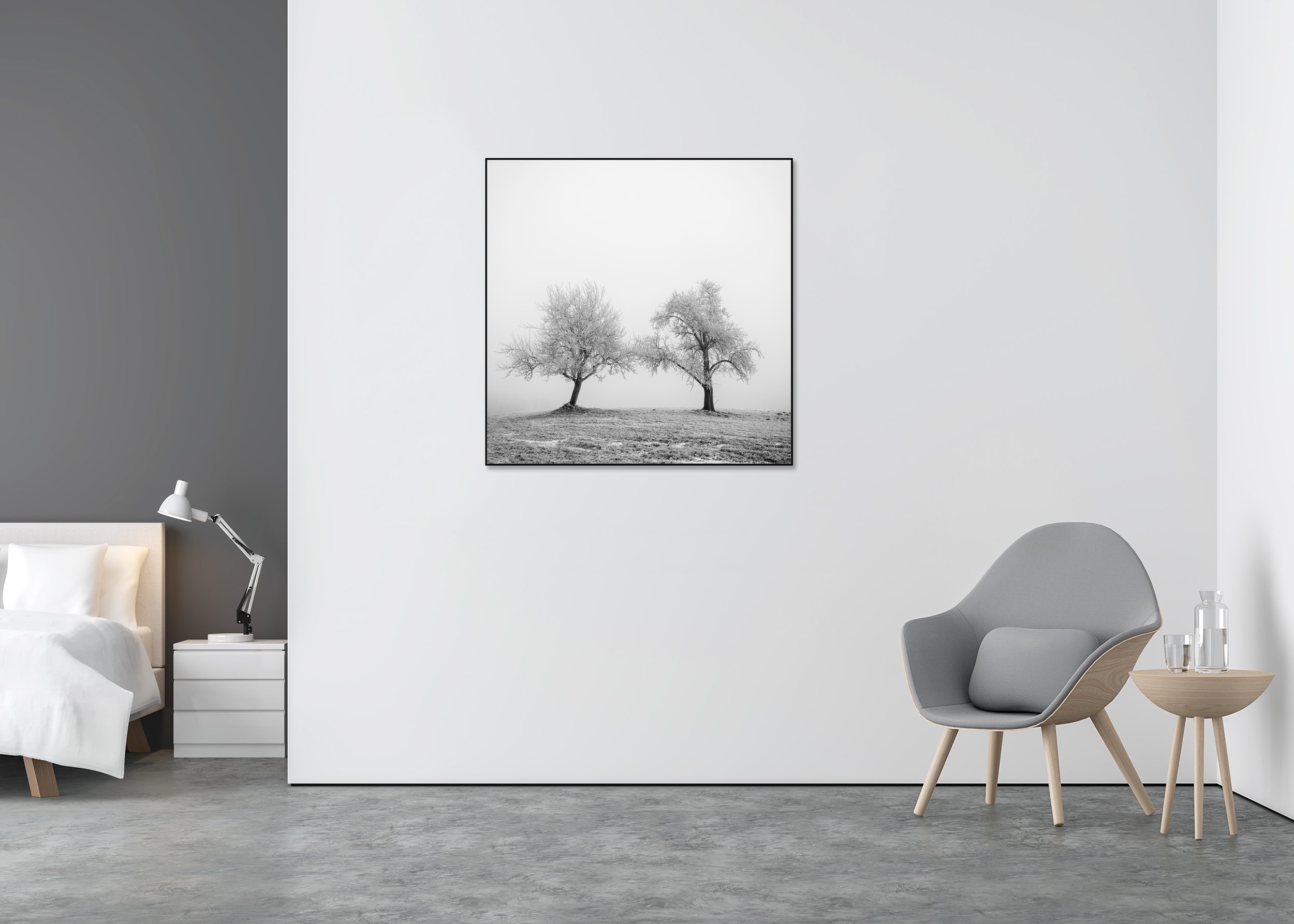 ChromaLuxe metal print in Aluminium ArtBox: minimalist black-and-white winter landscape with two frost-covered trees on a snowy hill.