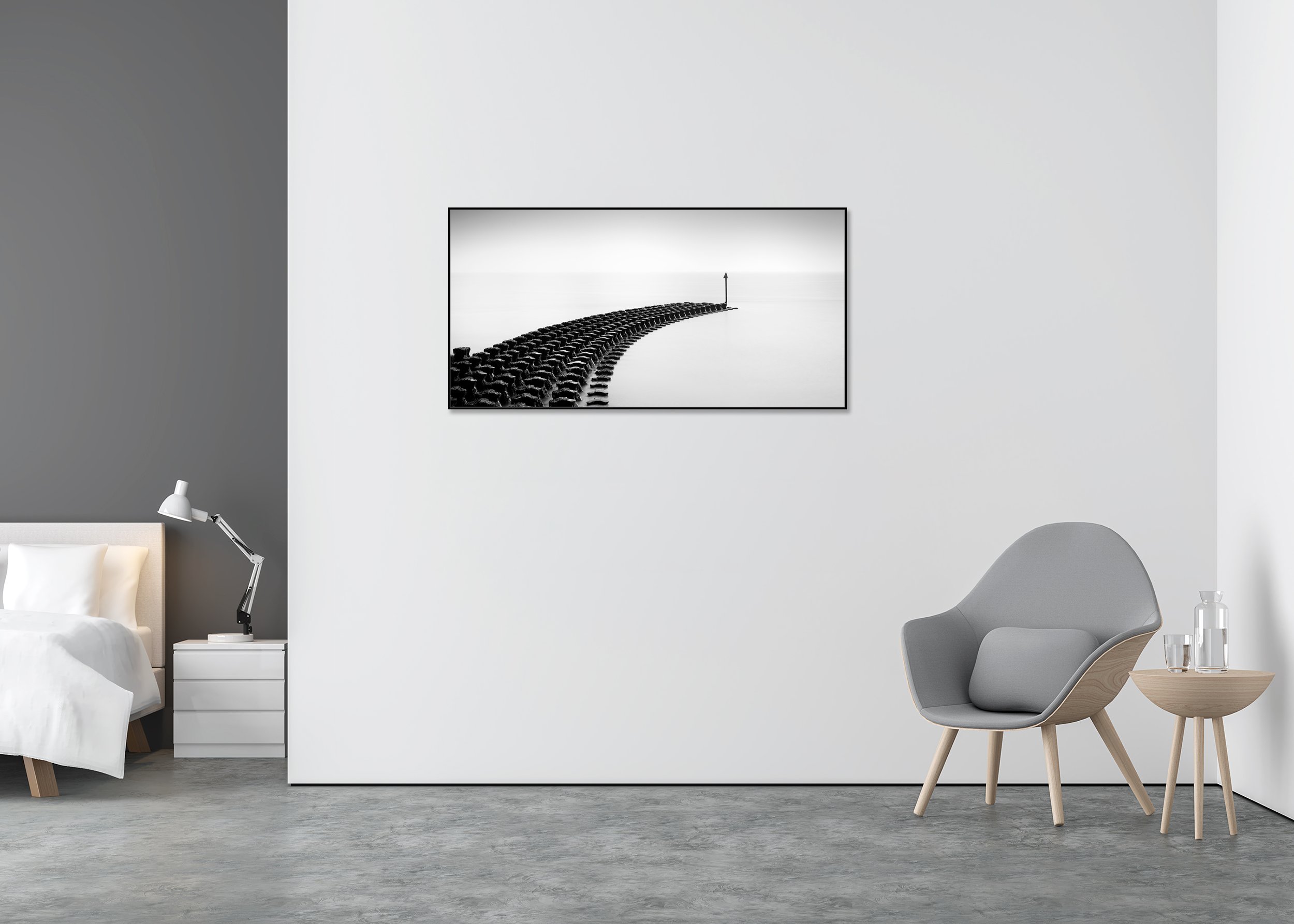 Cobbold’s Point, Panorama Study 1 – black-and-white photograph on Dibond in an aluminium ArtBox displayed in a minimalist interior.