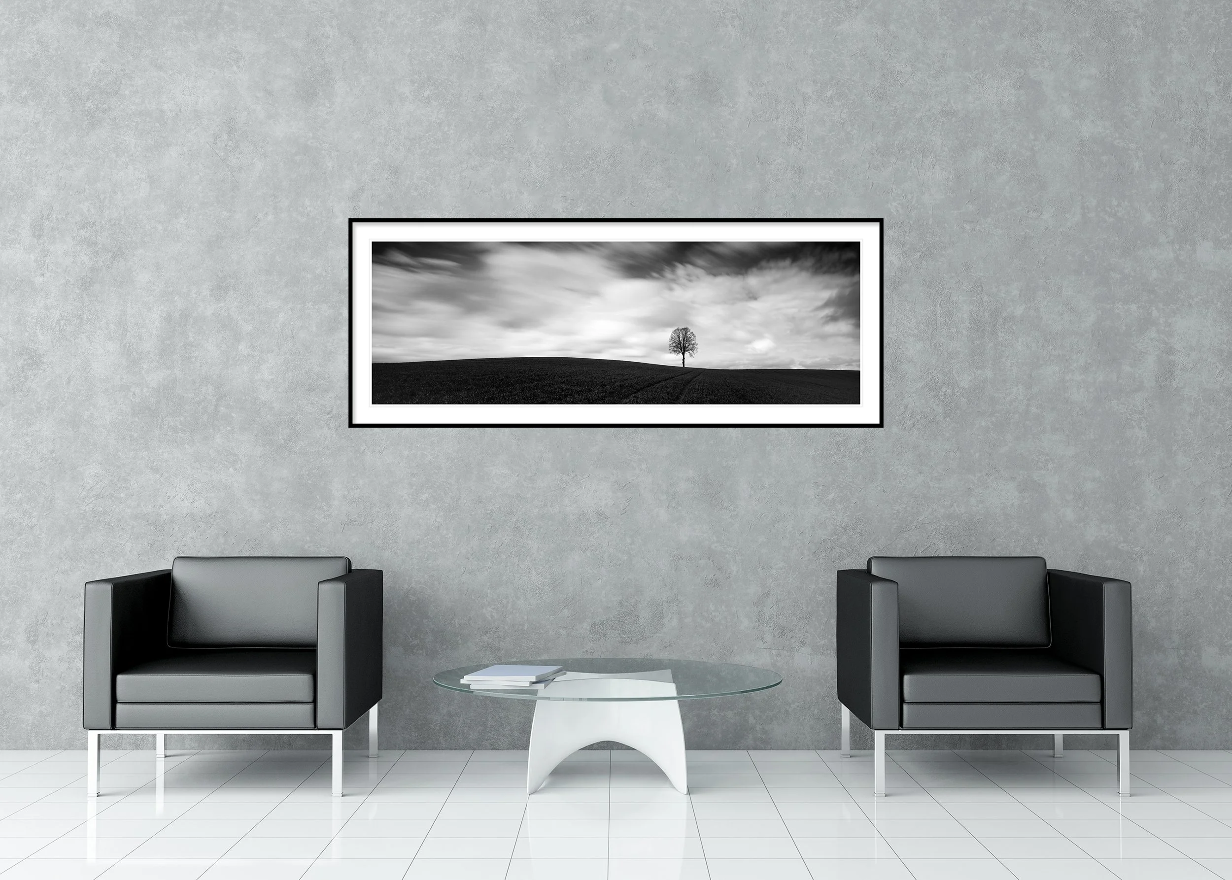 Farmland Panorama Study 1 displayed in a modern interior as an archival pigment print in a black aluminium frame with white mount by Gerald Berghammer.