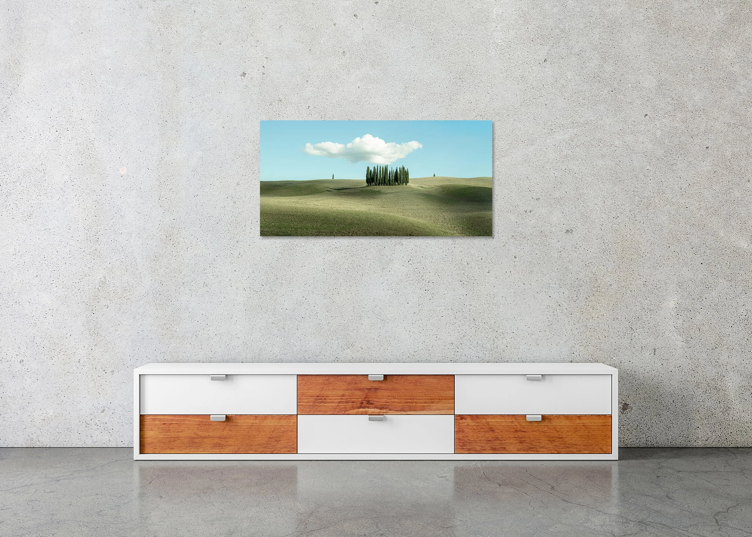 Huge Cloud over Cypress Trees, Tuscany, colour photo print mounted to frameless aluminium Dibond.