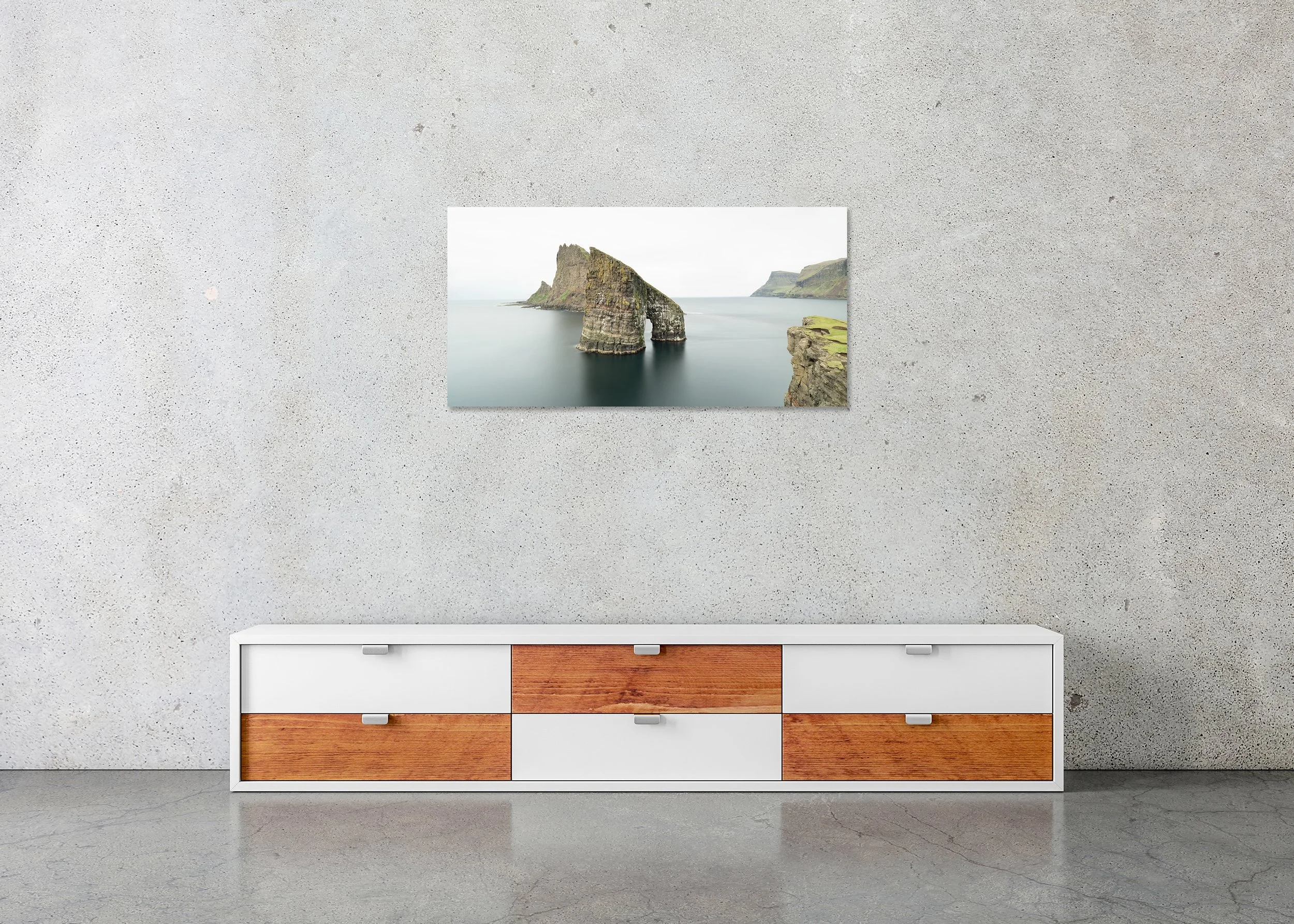 Drangarnir, Panorama Study 1 – frameless colour photograph on aluminium Dibond displayed in a minimalist interior.