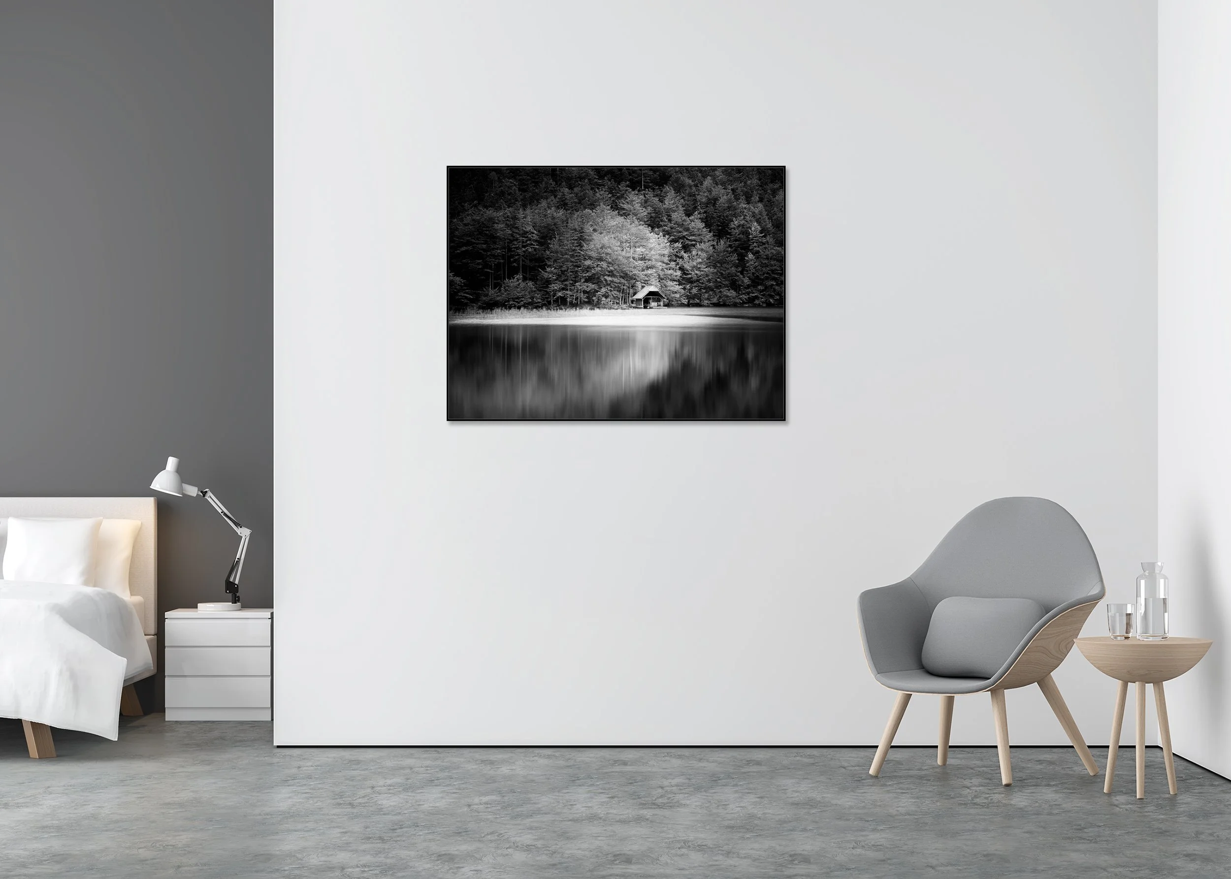 Wooden Boathouse, Study 1 – black-and-white Dibond print in a black aluminium ArtBox displayed in a minimalist bedroom.