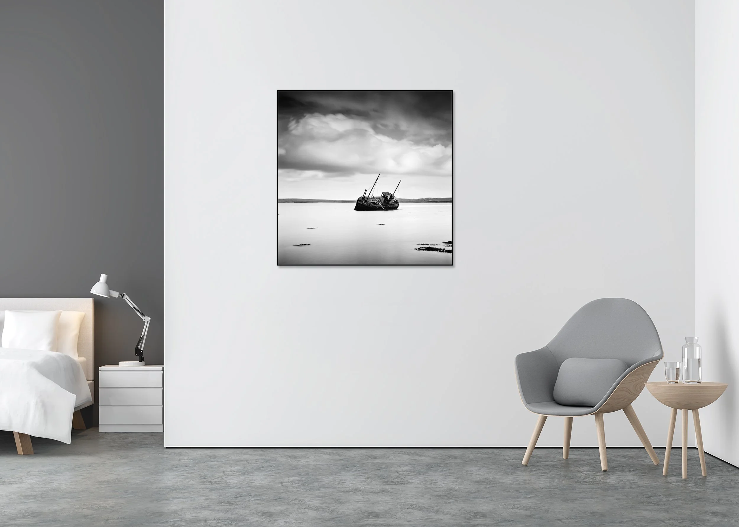 Stranded Fishing Boat Study 1 displayed on a wall, mounted on aluminium Dibond in a black ArtBox frame by Gerald Berghammer.