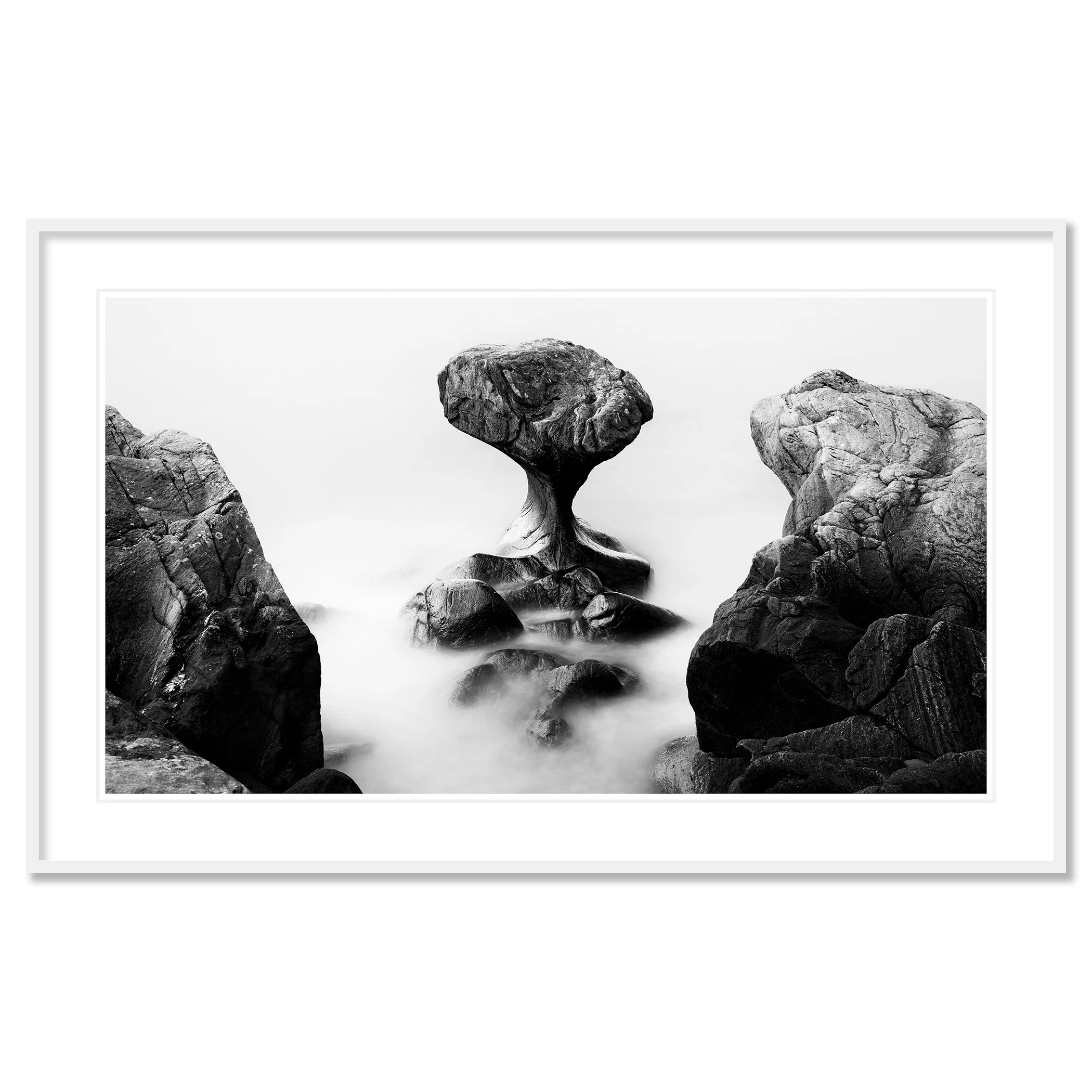 Attracted by the Sea Study 1 by Gerald Berghammer, black-and-white fine art print in a white aluminium frame with a white mount.