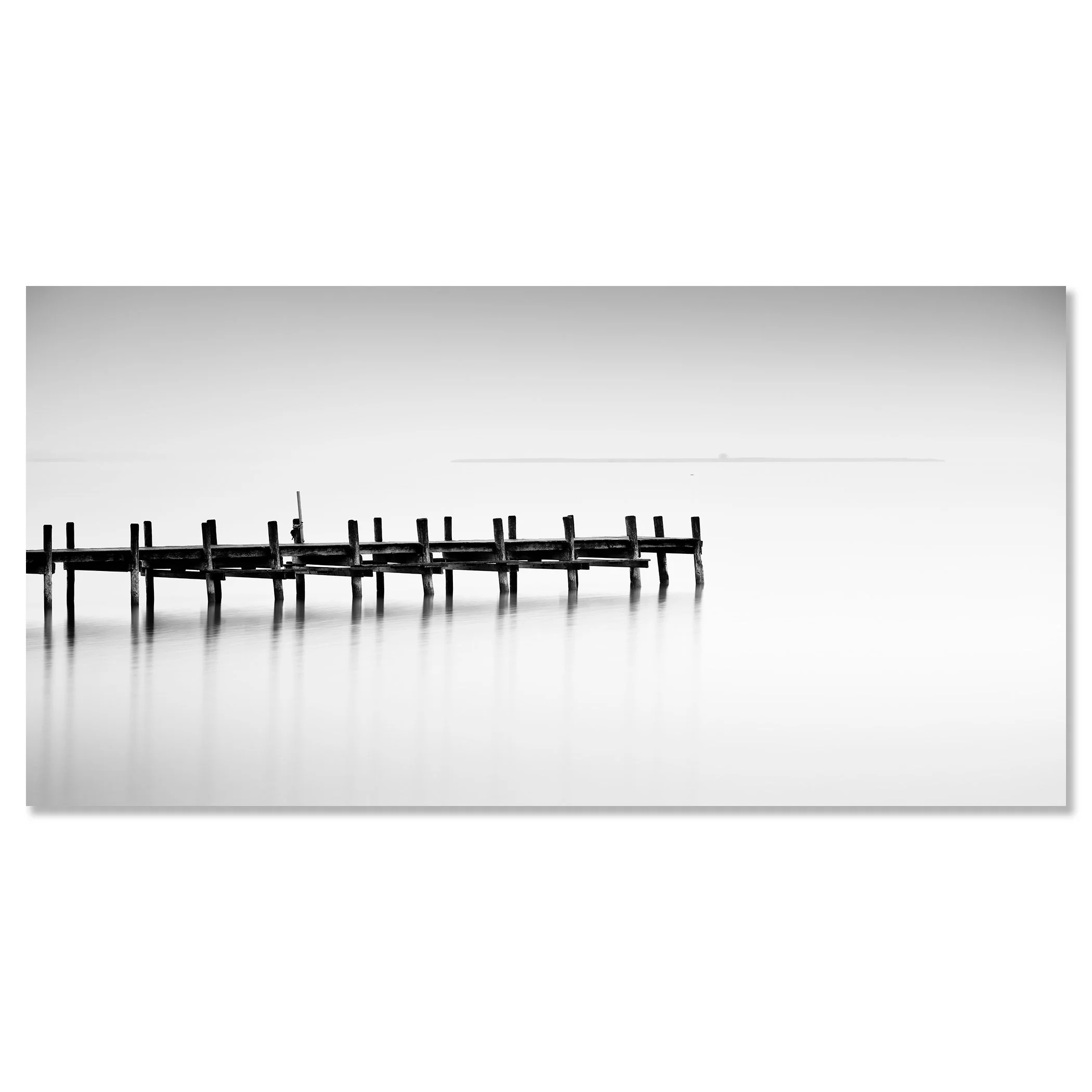 © 2023 Gerald Berghammer - Black and white long exposure waterscape photo. Wooden pier extending into calm water, with a minimalistic and serene background. Chromaluxe frameless