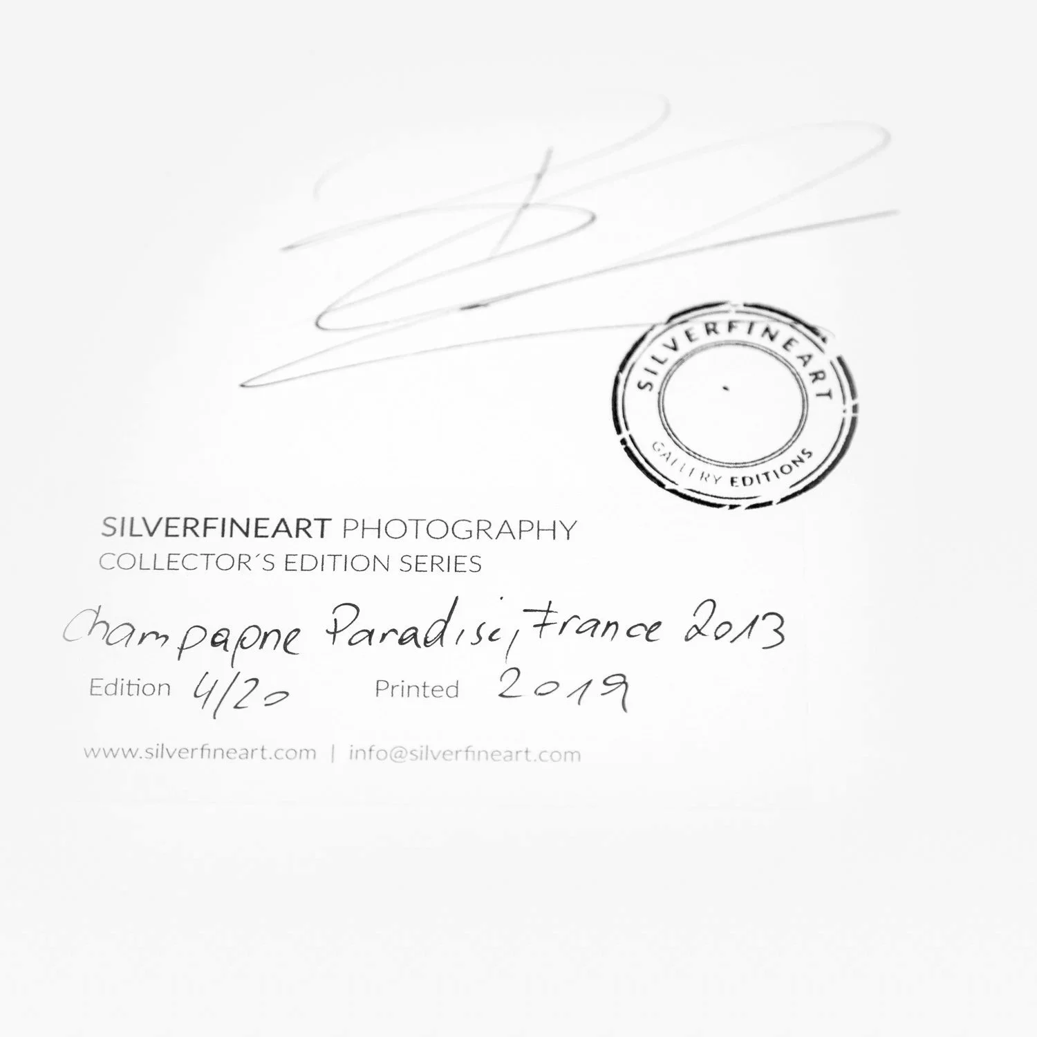 Artist's signature, SILVERFINEART gallery stamp, artwork title and edition 4/20 on the reverse of Champagne Paradise by Gerald Berghammer.