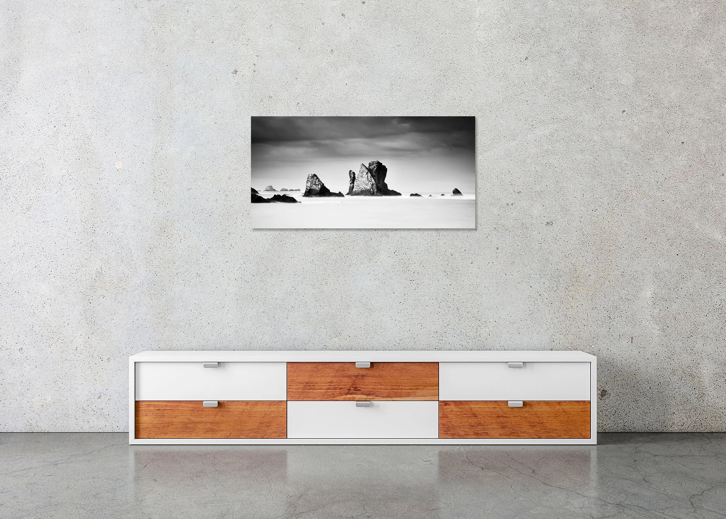 Silencio Beach, Study 1 – frameless black-and-white photograph on aluminium Dibond displayed above a low cabinet.