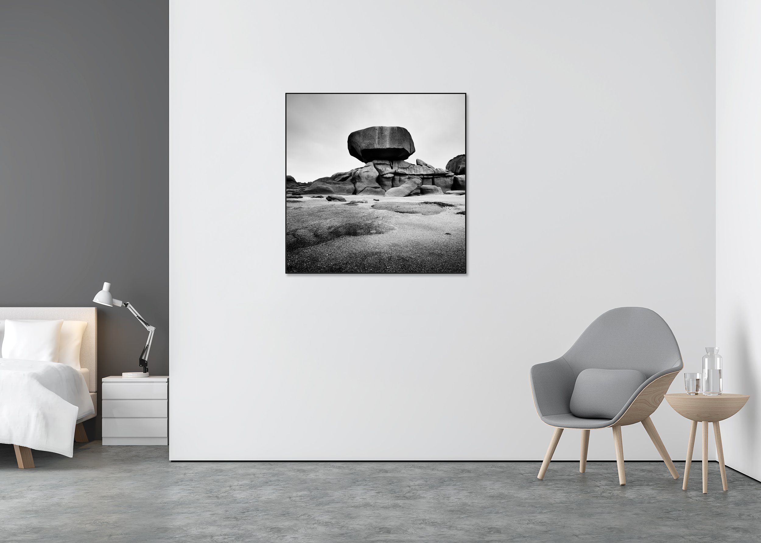 Pink Granite Coast Study 1 displayed in a modern interior as a black-and-white Dibond print in a black aluminium ArtBox frame by Gerald Berghammer.