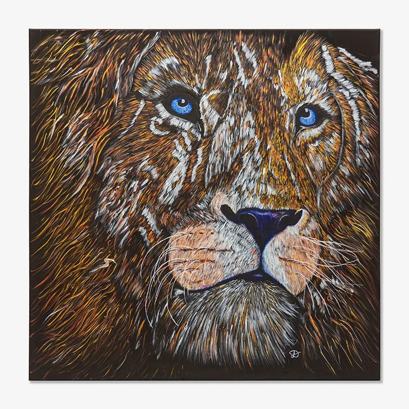 Expressive lion portrait painting with striking blue eyes by Austrian artist Christian Dressler.