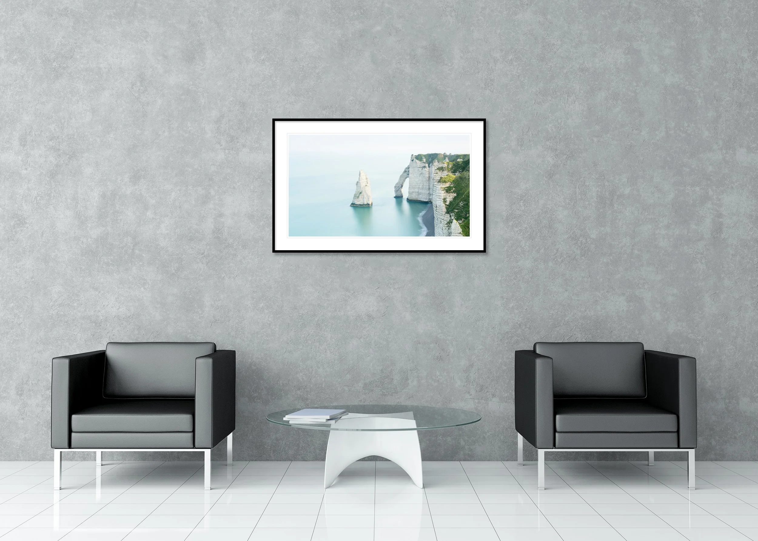White Cliffs, Panorama Study 1 – archival pigment print in a black aluminium frame with white mount, displayed in a modern interior. Photo by Gerald Berghammer.
