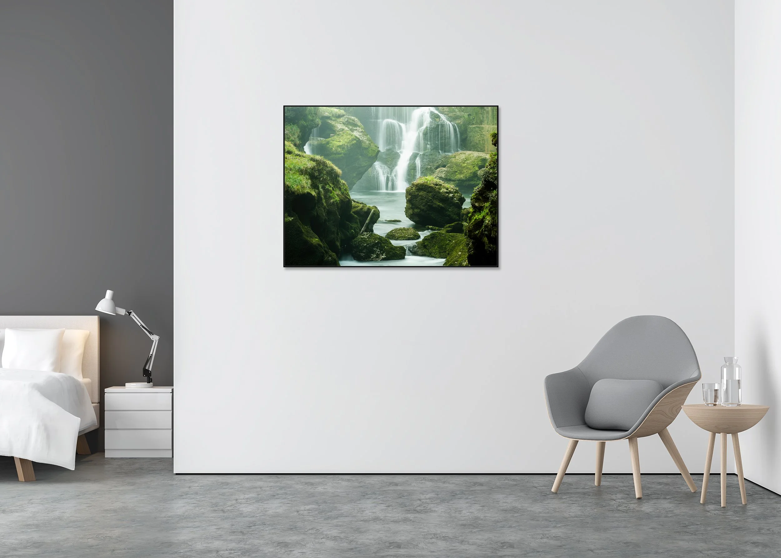 Moss-Covered Waterfall Study 1 displayed in a modern bedroom as a Dibond print in a black aluminium ArtBox frame by Gerald Berghammer.