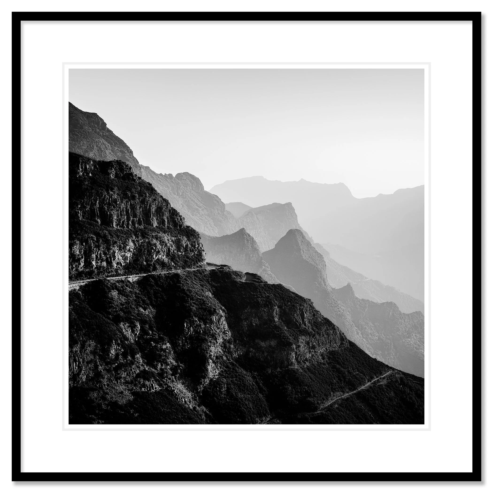 Madeira Peaks Study 1 by Gerald Berghammer, black-and-white fine art print in a black aluminium frame with white mount.