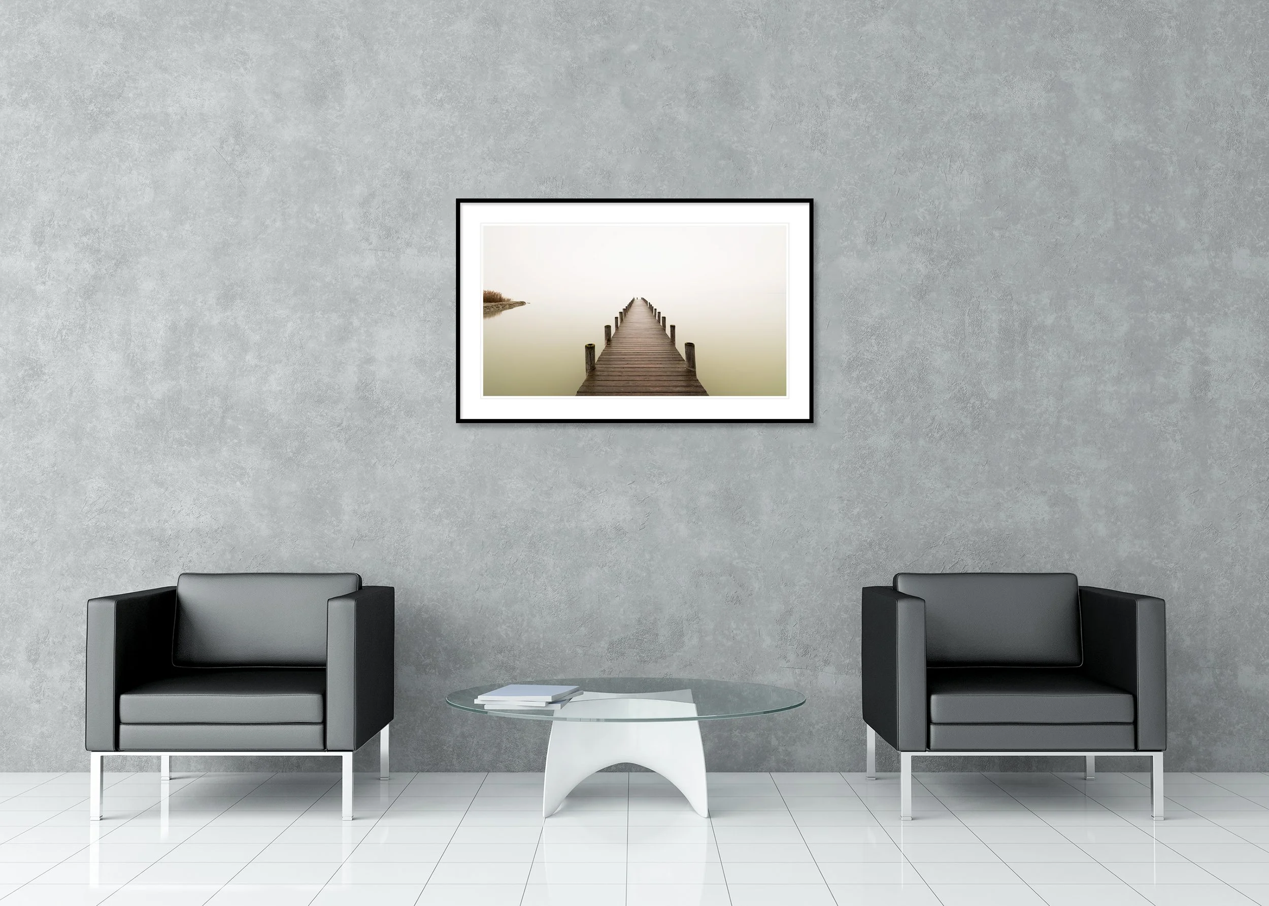 Silent Lake, Panorama Study 1 – archival pigment print in a black aluminium frame with a white mount in a modern lounge.
