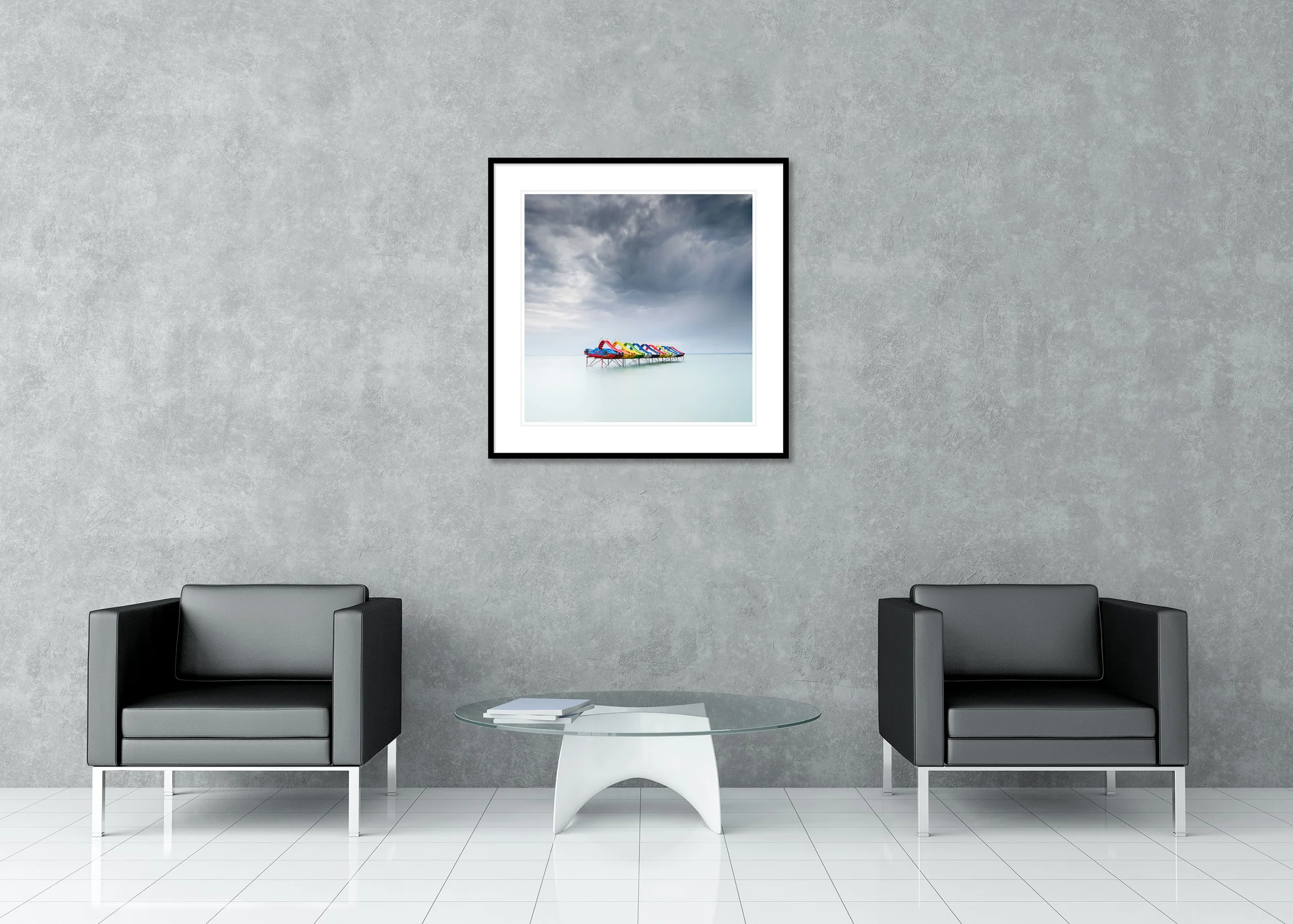 Pedal Boat, Colour Study 2 – archival pigment print in an aluminium frame with a white mount displayed in a modern interior. Photo by Gerald Berghammer.