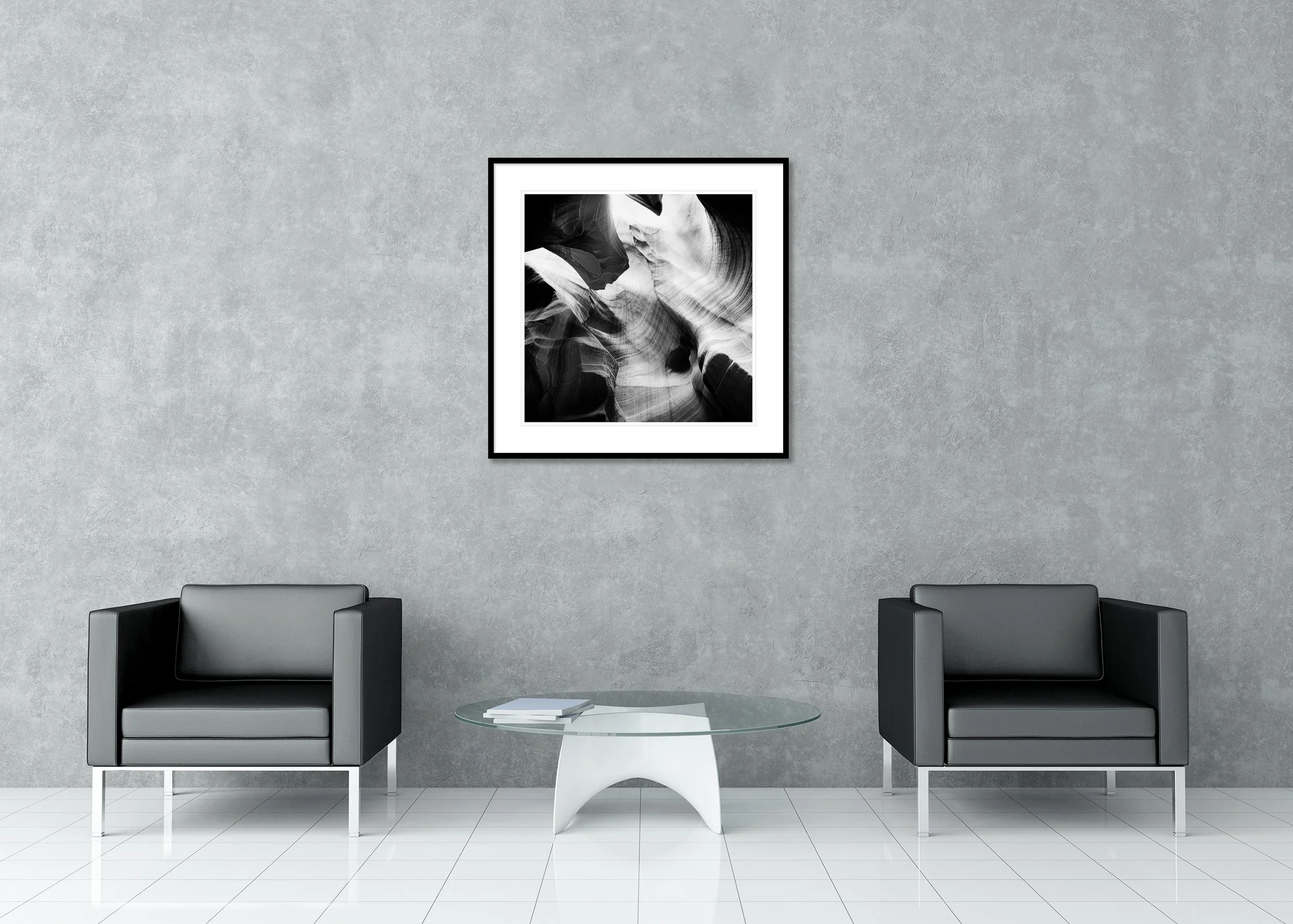 Antelope Canyon Study 8 displayed in a modern interior as an archival pigment print in a black aluminium frame with white mount by Gerald Berghammer.
