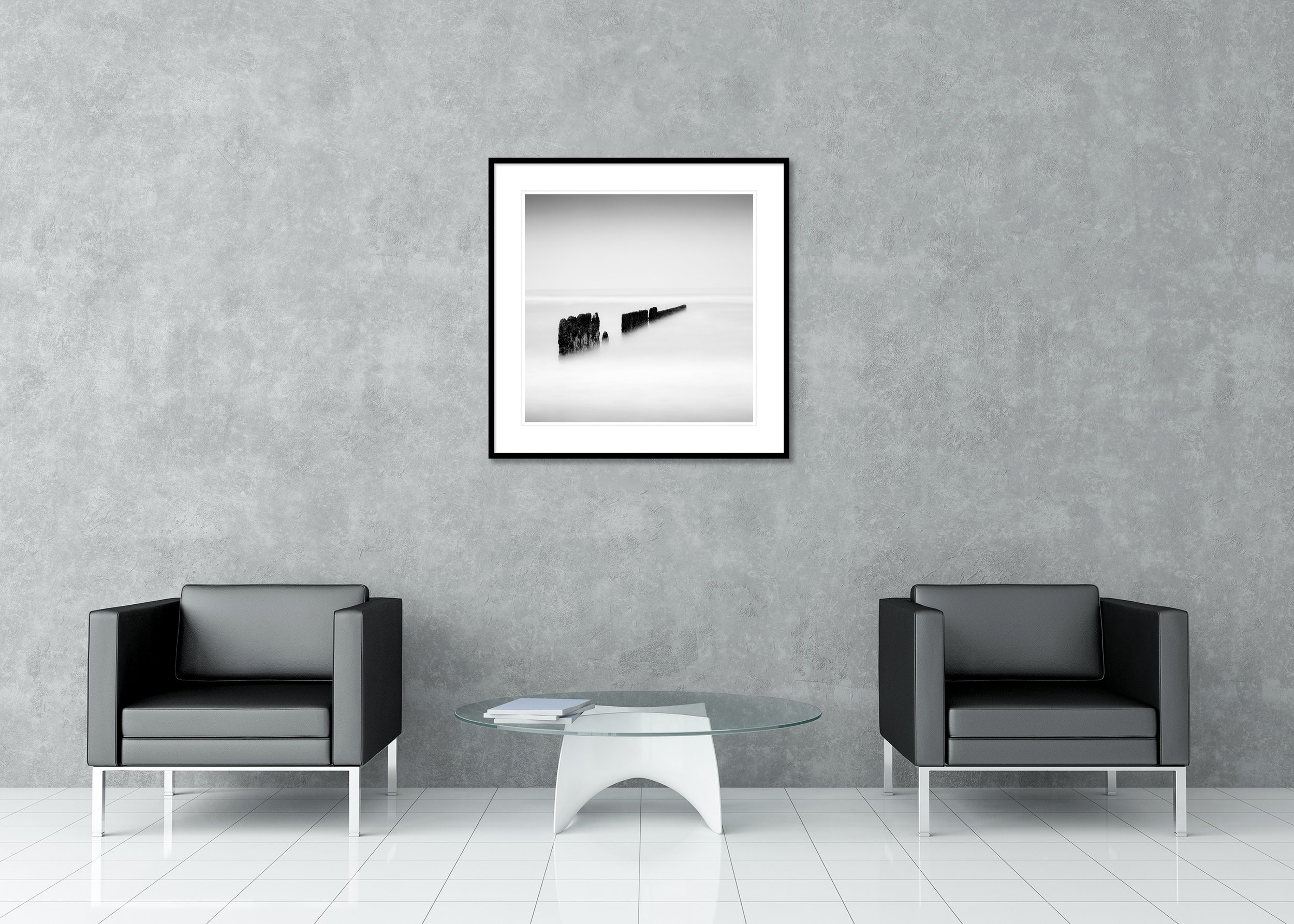 Black Line – archival pigment print in a black aluminium frame with a white mount displayed in a modern interior. Photo by Gerald Berghammer.