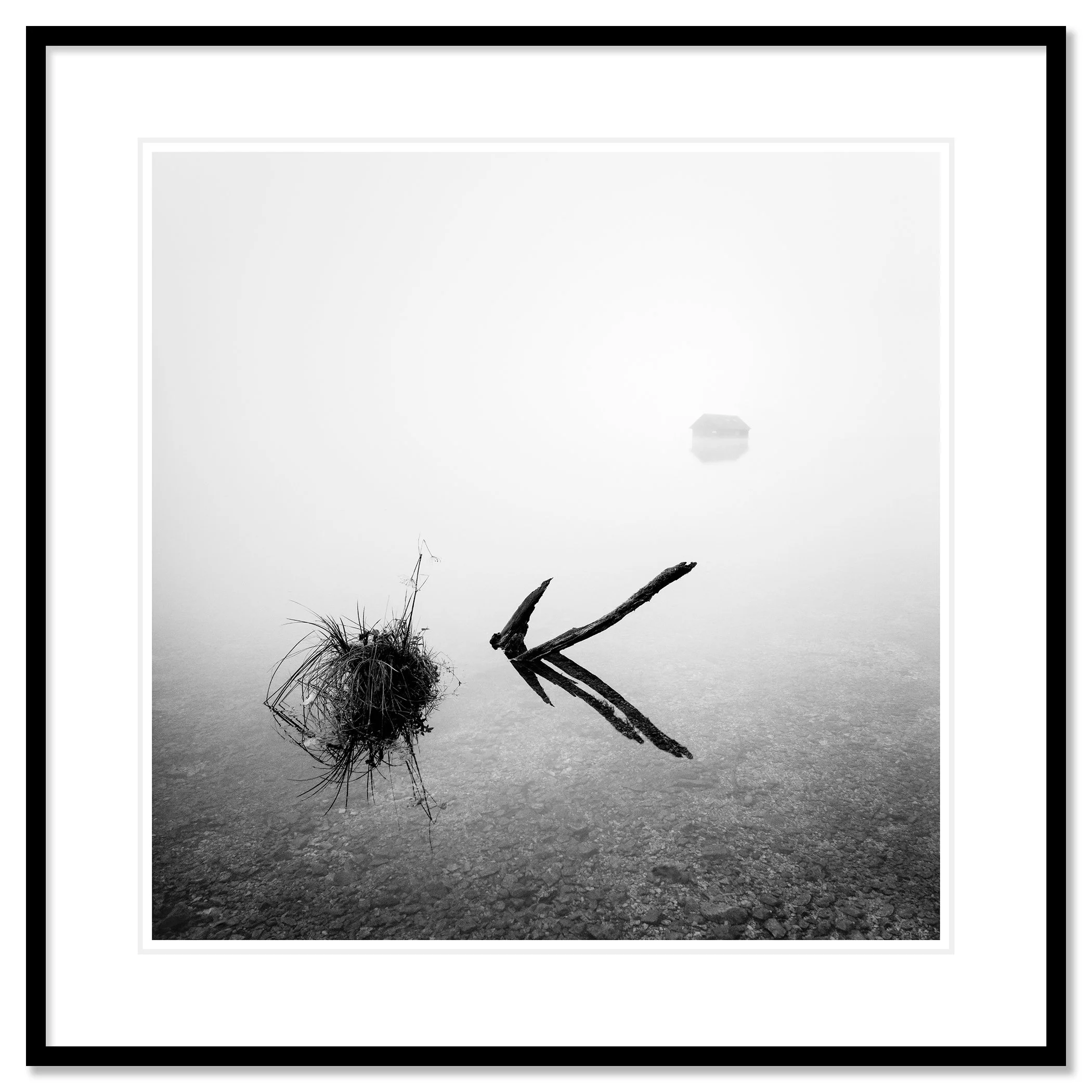 The Lake House at Lake Almsee, Austria, black-and-white fine art print in a black aluminium frame with white mount by Gerald Berghammer.