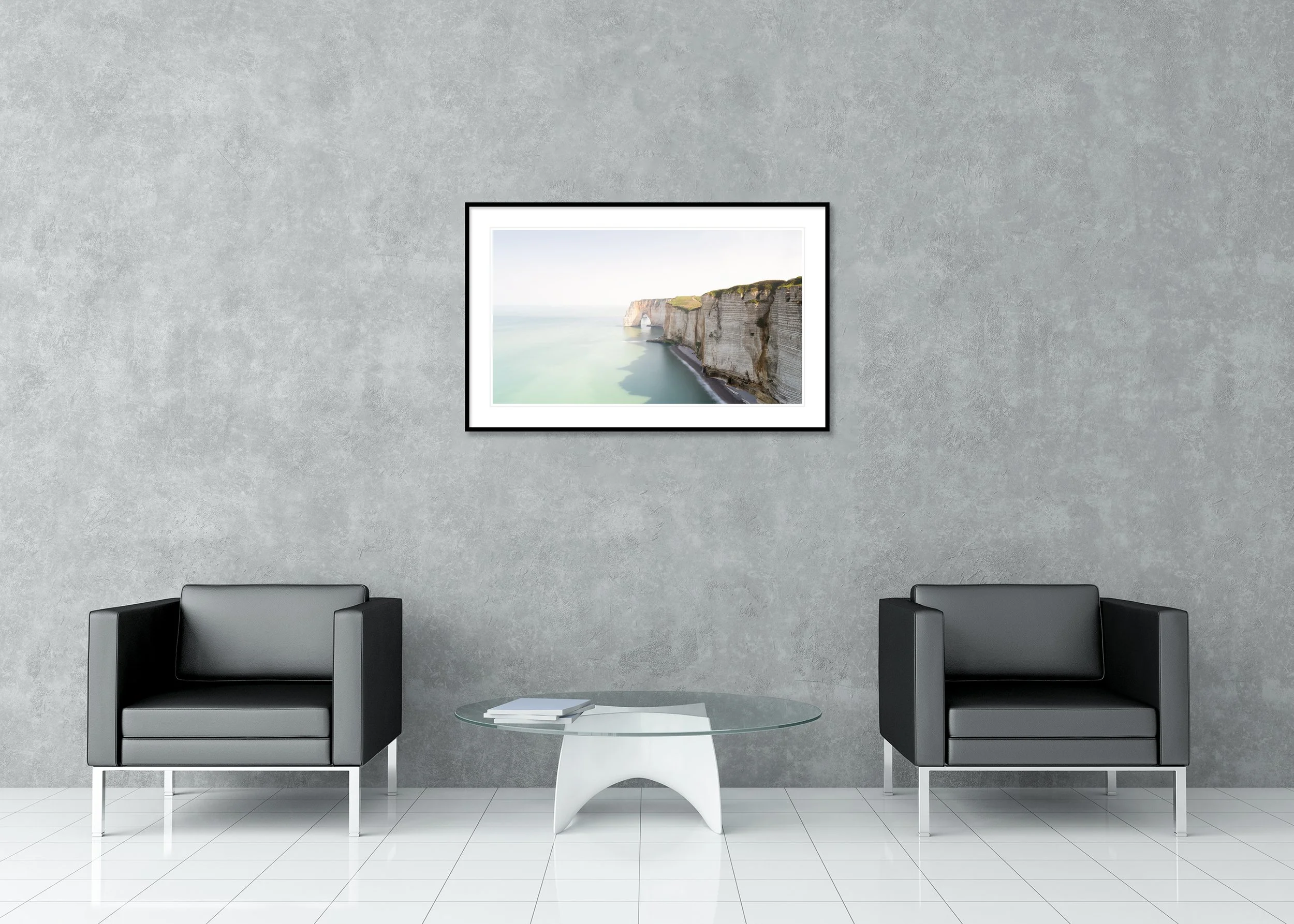 White Cliffs Panorama Study 2 displayed in a modern interior as an archival pigment print in a black aluminium frame with white mount by Gerald Berghammer.