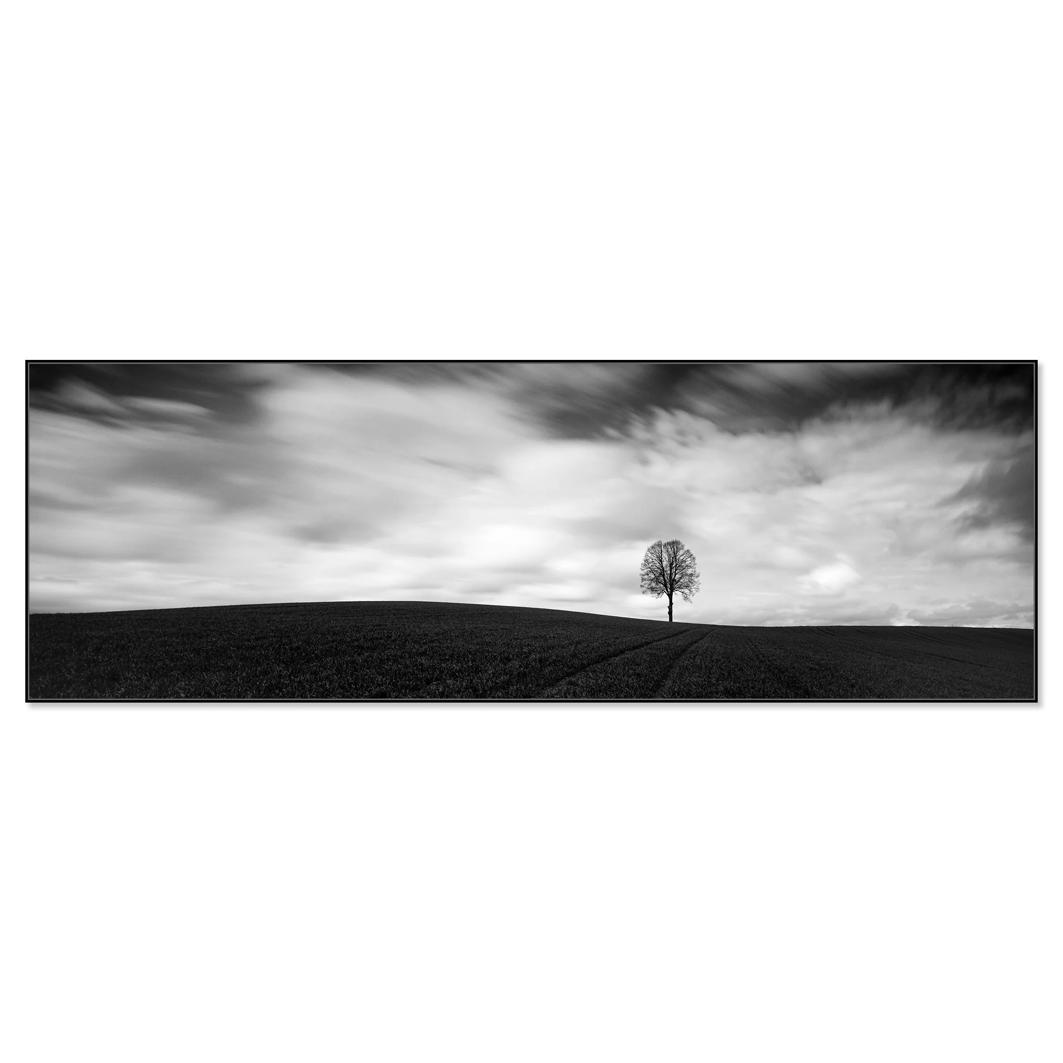 Farmland Panorama Study 1 shown as a black-and-white Dibond print in a black aluminium ArtBox by Gerald Berghammer.