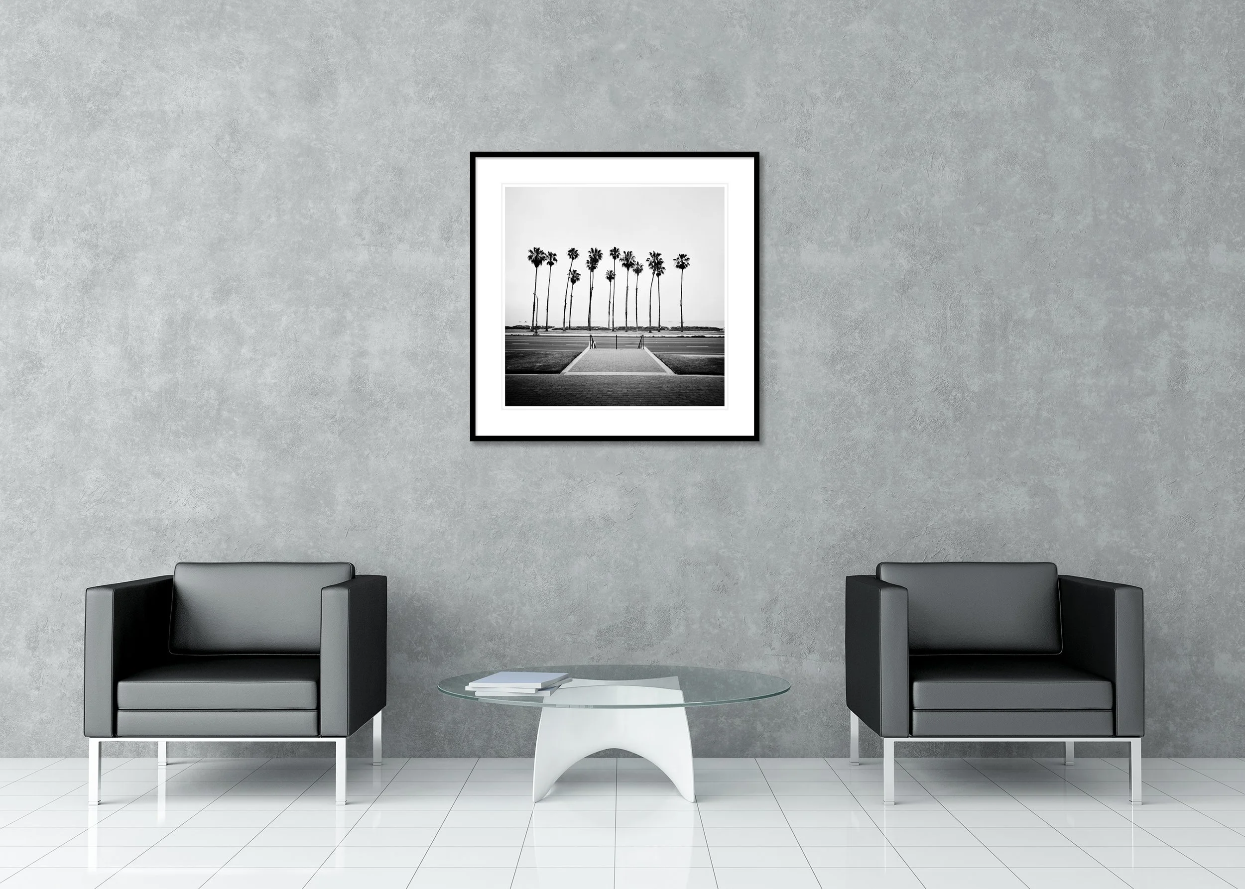 Palm Tree Study 1 displayed in a modern interior as an archival pigment print in a black aluminium frame with white mount by Gerald Berghammer.