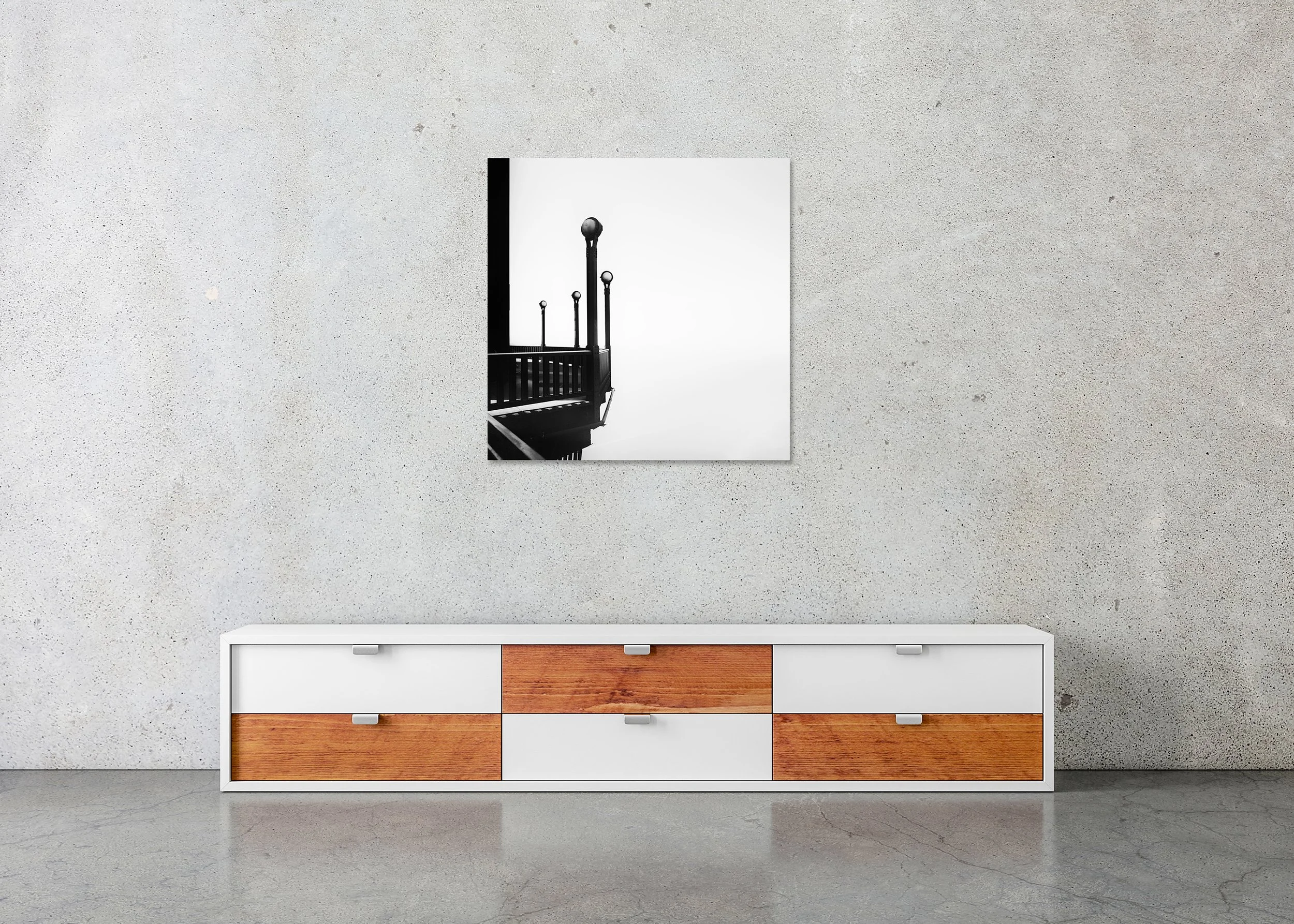 Golden Gate, Study 6 – frameless black-and-white photograph on aluminium Dibond displayed in a modern interior.