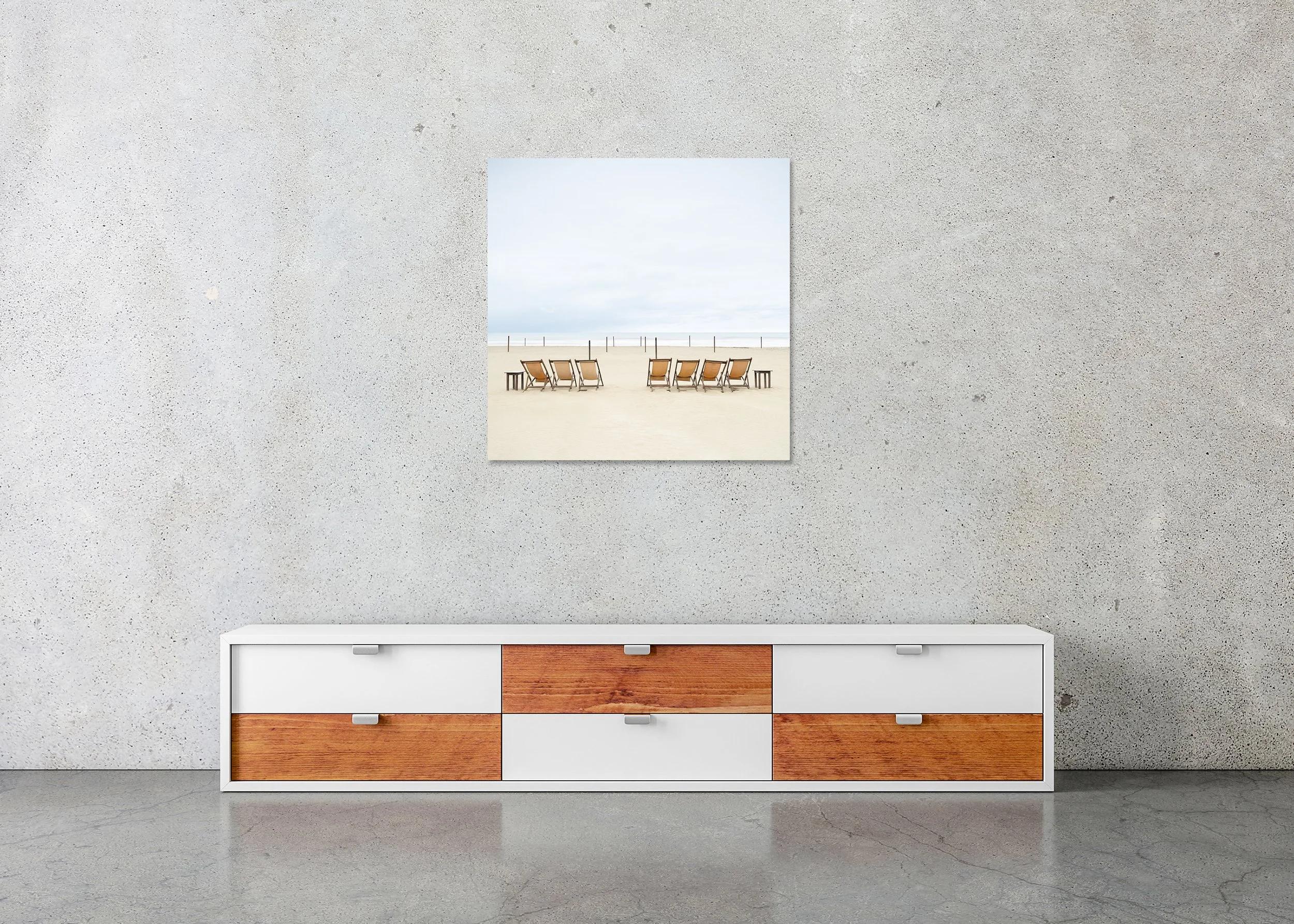 Sun Loungers on the Beach, Study 3 – frameless colour photograph on aluminium Dibond displayed in a minimalist interior.