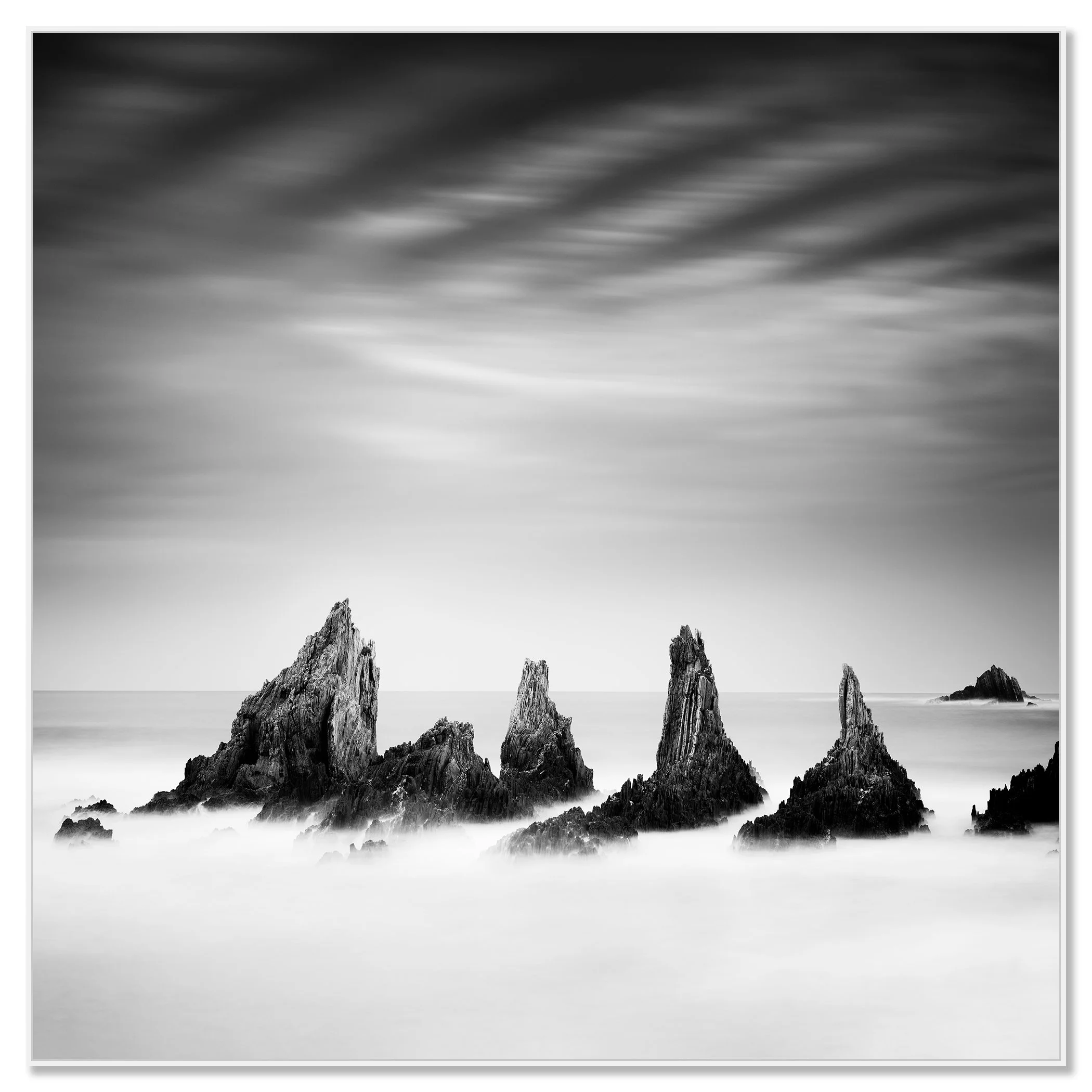 Rocky Peaks Study 4 – Spain black-and-white seascape print in a white aluminium ArtBox frame