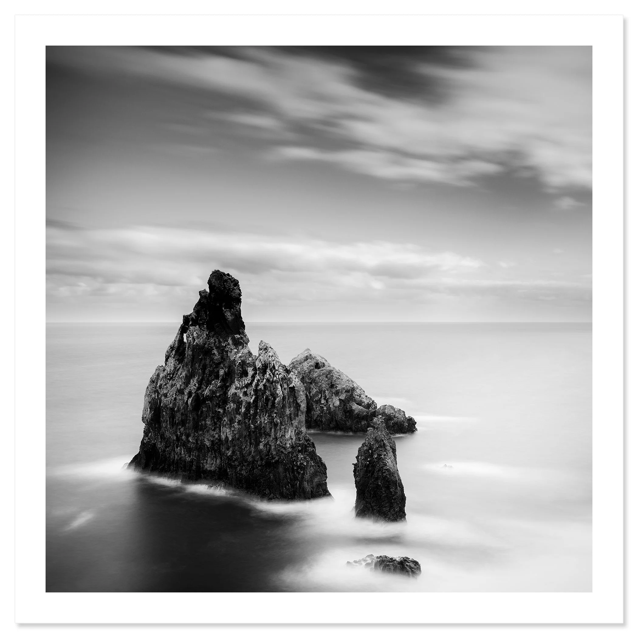Ribeira da Janela Rocks Study 1 by Gerald Berghammer, unframed black-and-white fine art print of Madeira's volcanic sea stacks.