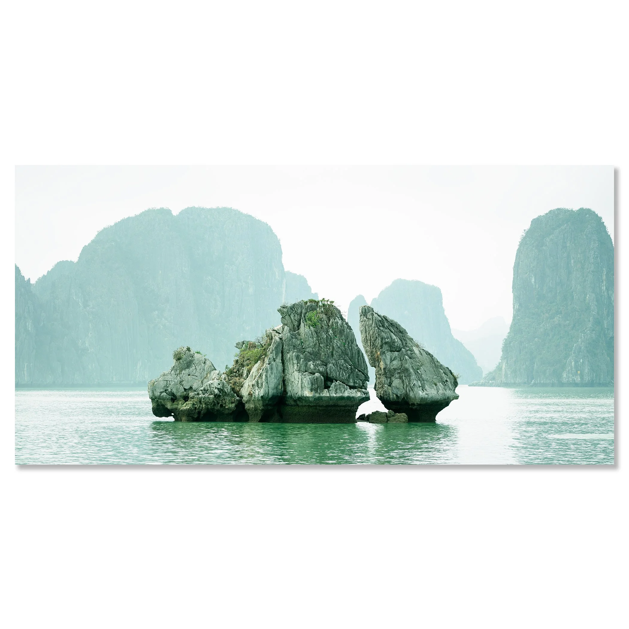 Gerald Berghammer - Color seascape photography. Large rocks rising from the water with, surrounded by calm water and distant limestone cliffs and islands. Chromaluxe frameless