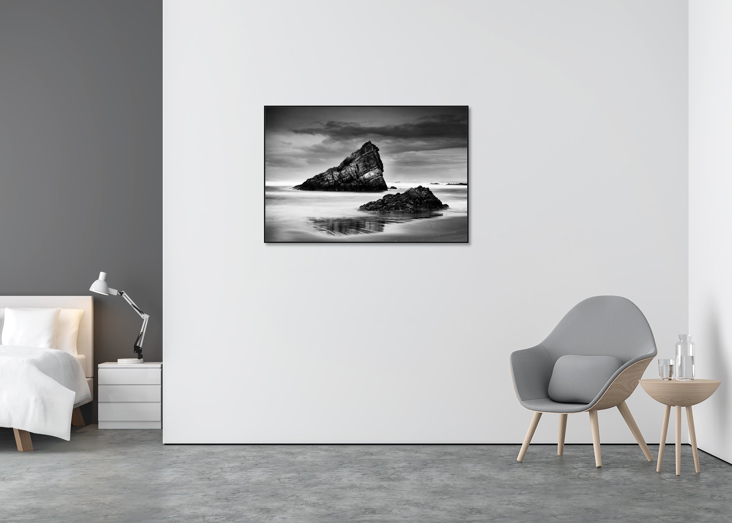 Black-and-white Bay of Biscay coastal print with jagged sea rocks, smooth water and dramatic clouds, mounted to Dibond in an aluminium ArtBox
