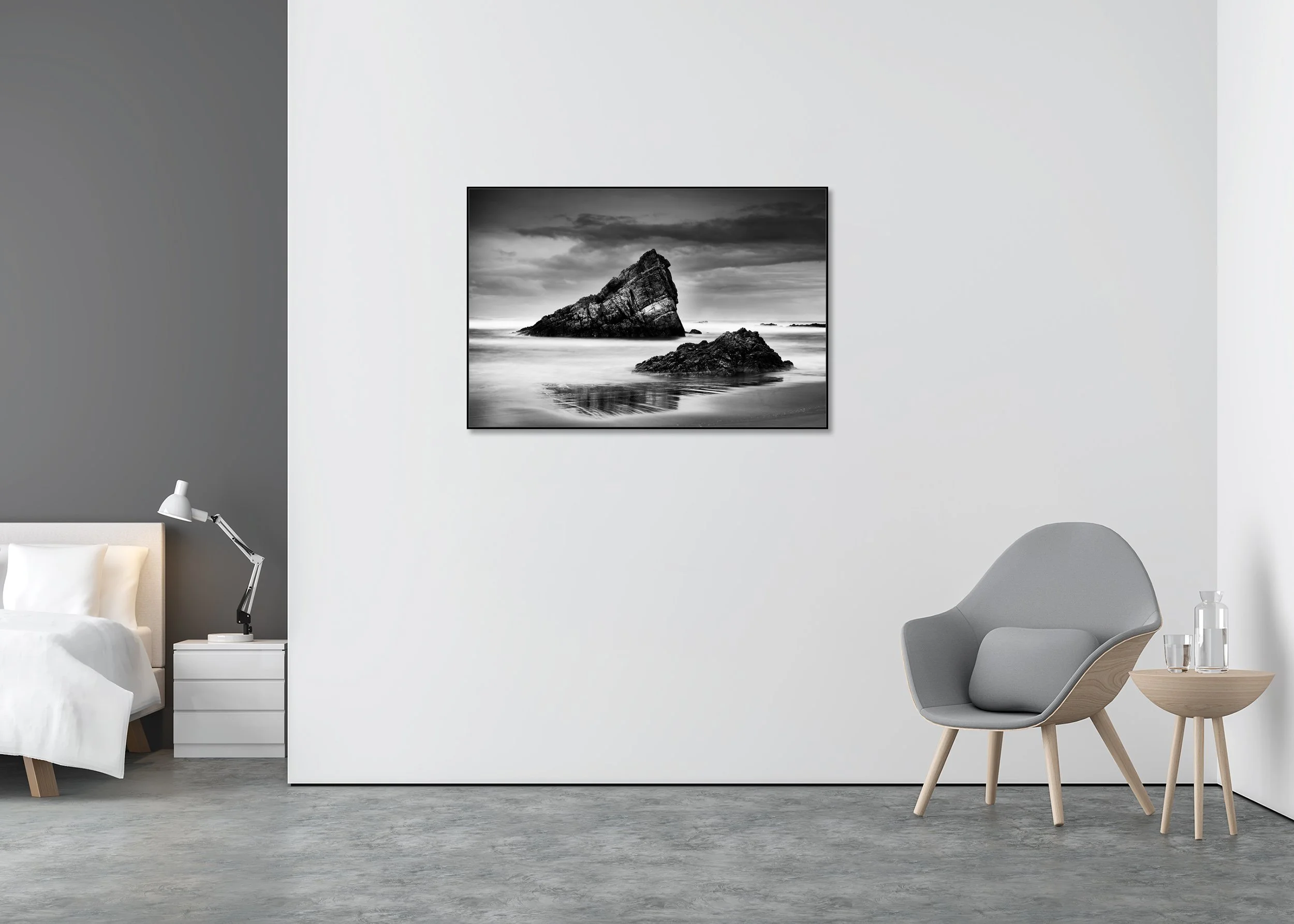 ChromaLuxe metal print in Aluminium ArtBox showing a black-and-white Bay of Biscay seascape with jagged rocks, smooth water and dramatic clouds, Spain.