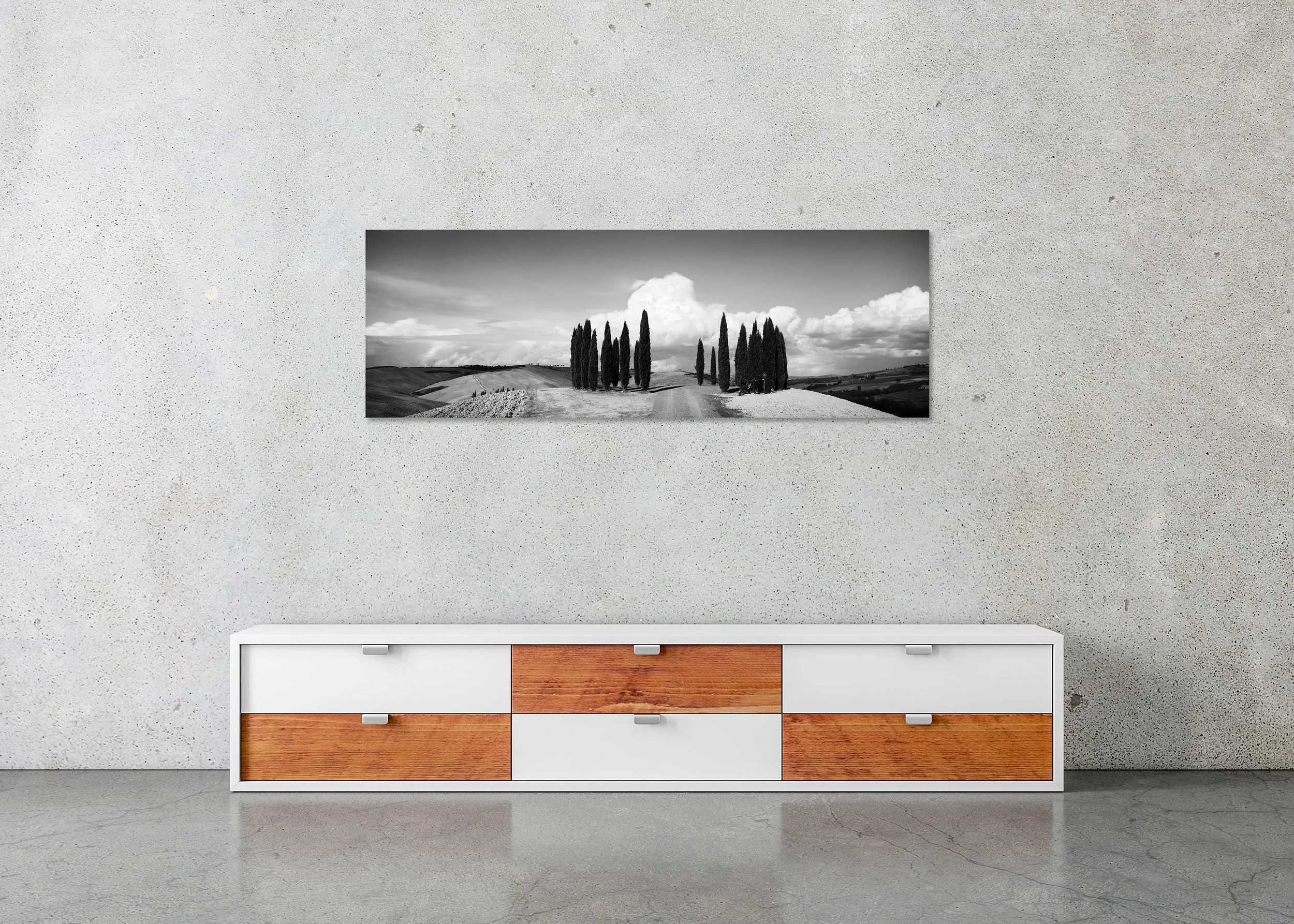 Circle of Cypress Trees Study 1 displayed in a modern interior as a frameless black-and-white artwork mounted on aluminium Dibond by Gerald Berghammer.