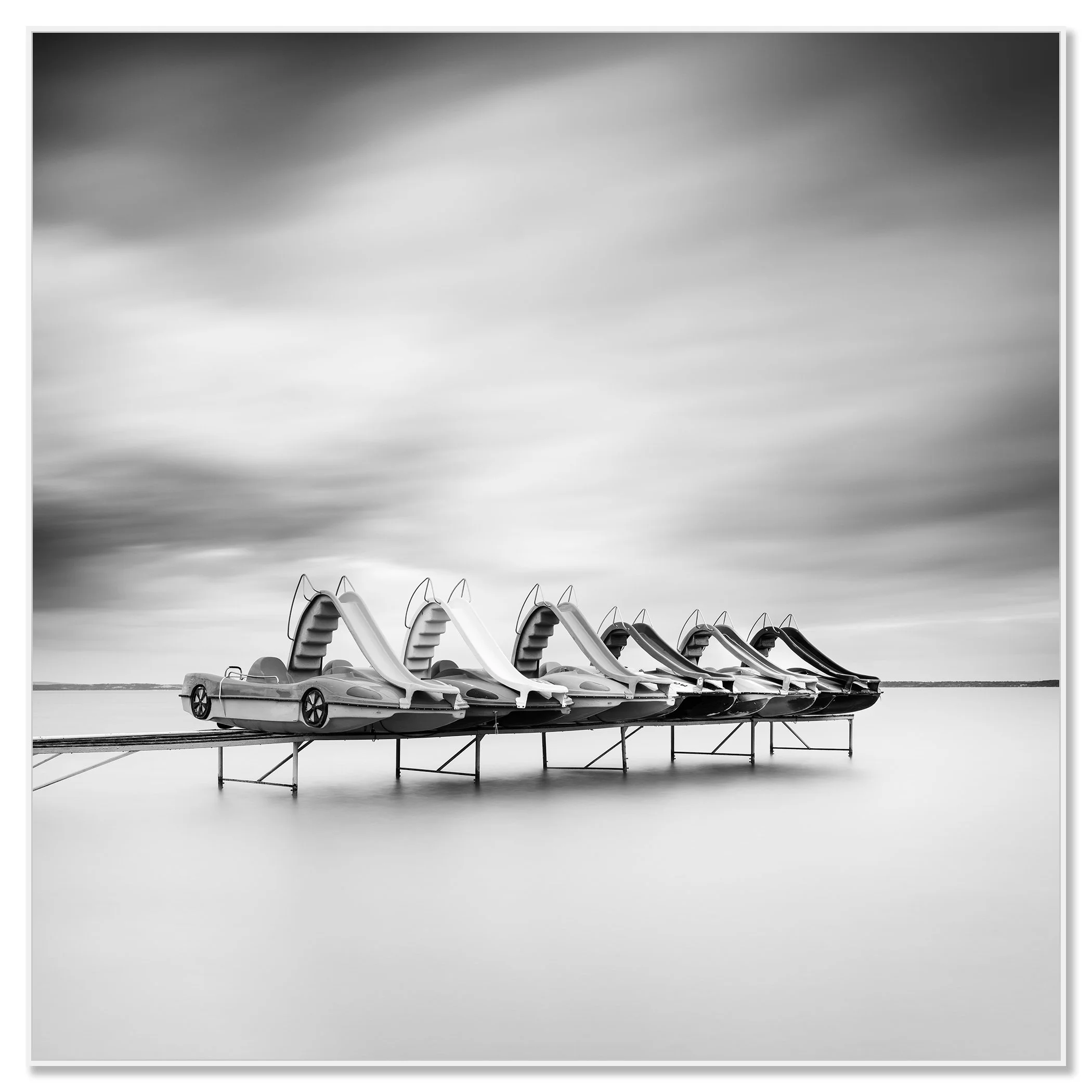 Pedal Boat Study 3 – Balaton, Hungary, black-and-white photo print mounted on Dibond in a white aluminium ArtBox