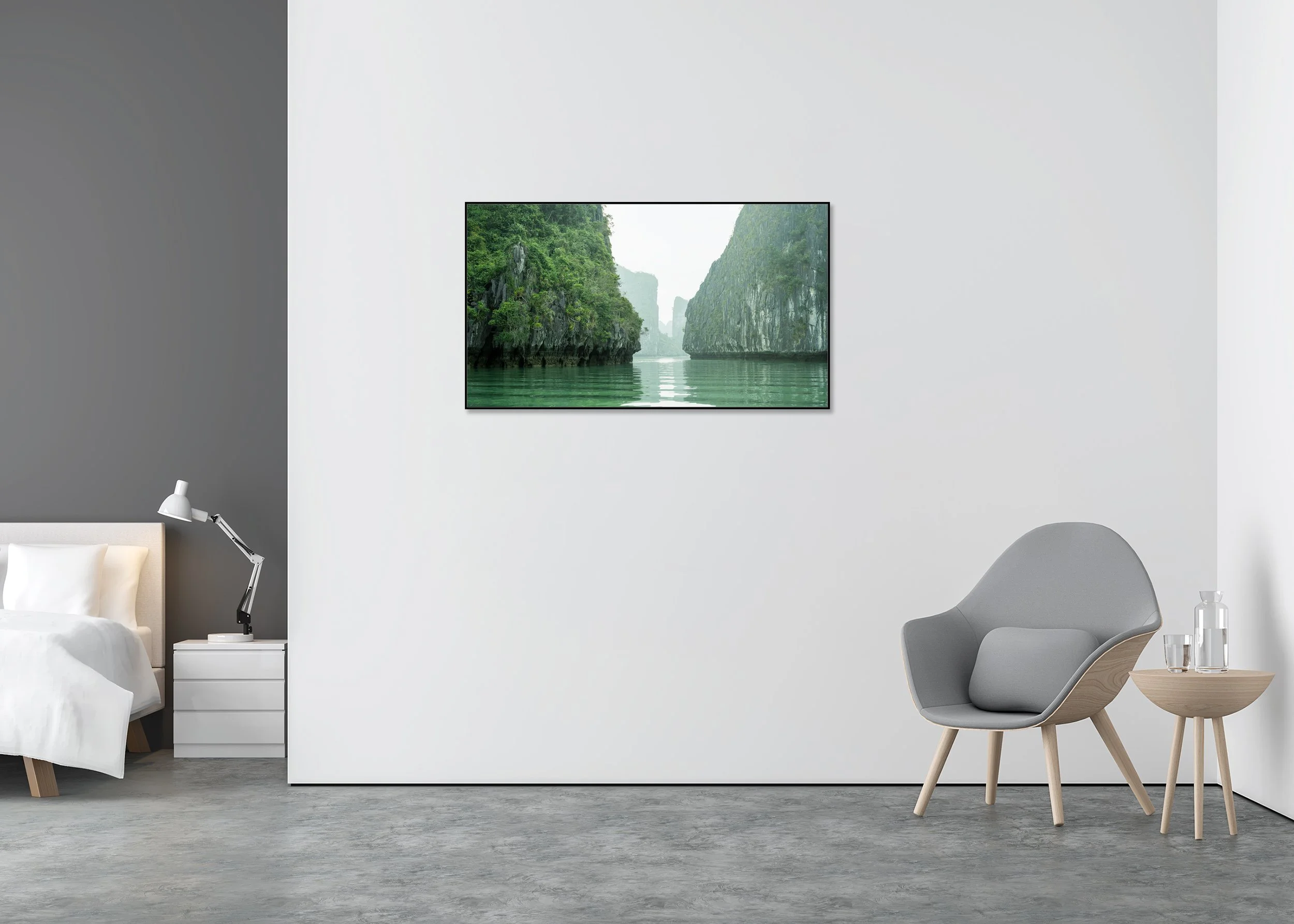 Seawater Canyon Panorama – colour photograph on Dibond in an aluminium ArtBox displayed in a minimalist interior.