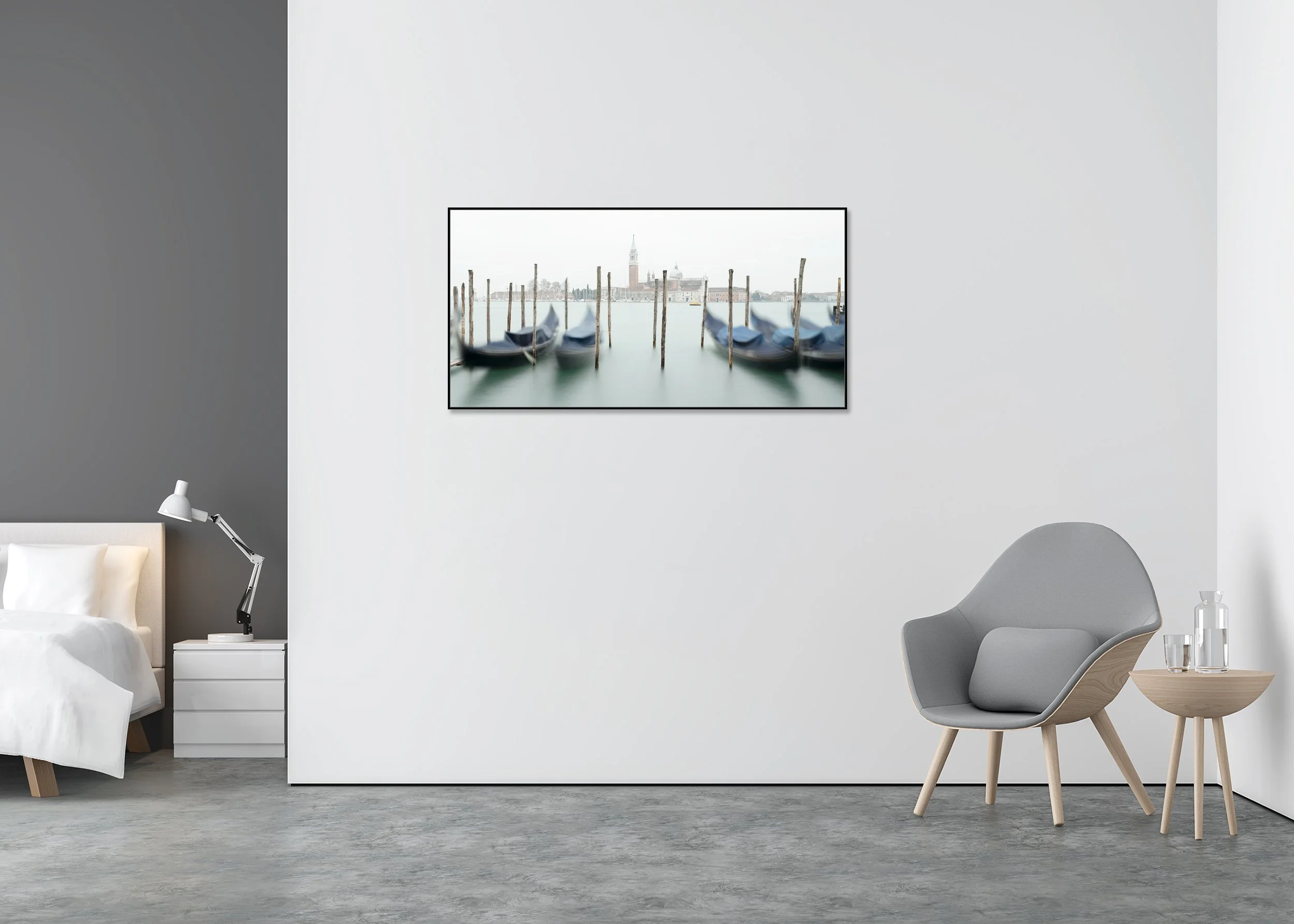 Free Space Panorama Study 2 displayed in a modern interior as a Dibond print in a black aluminium ArtBox frame by Gerald Berghammer.