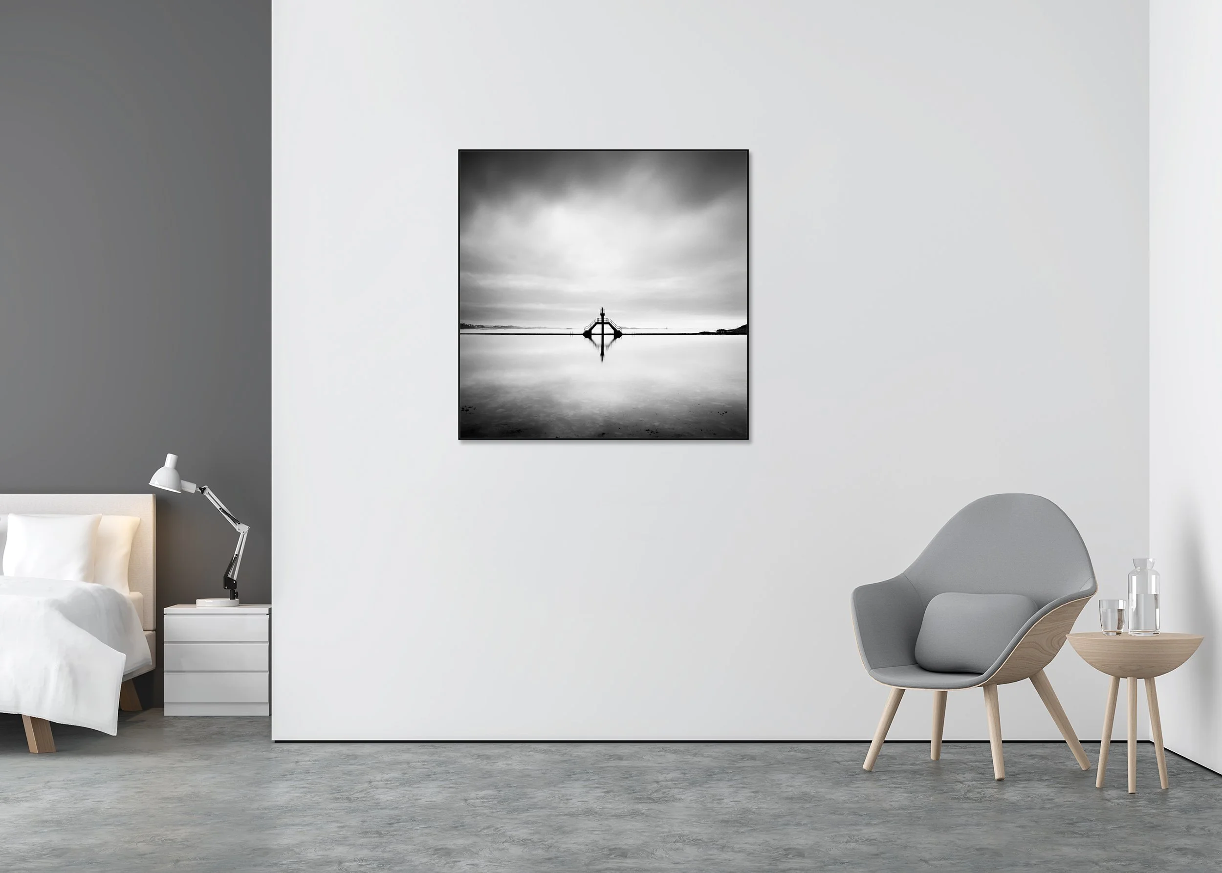 Minimalist seascape photo print: symmetrical diving platform reflected in still water under a cloudy sky, mounted to Dibond in an aluminium ArtBox.