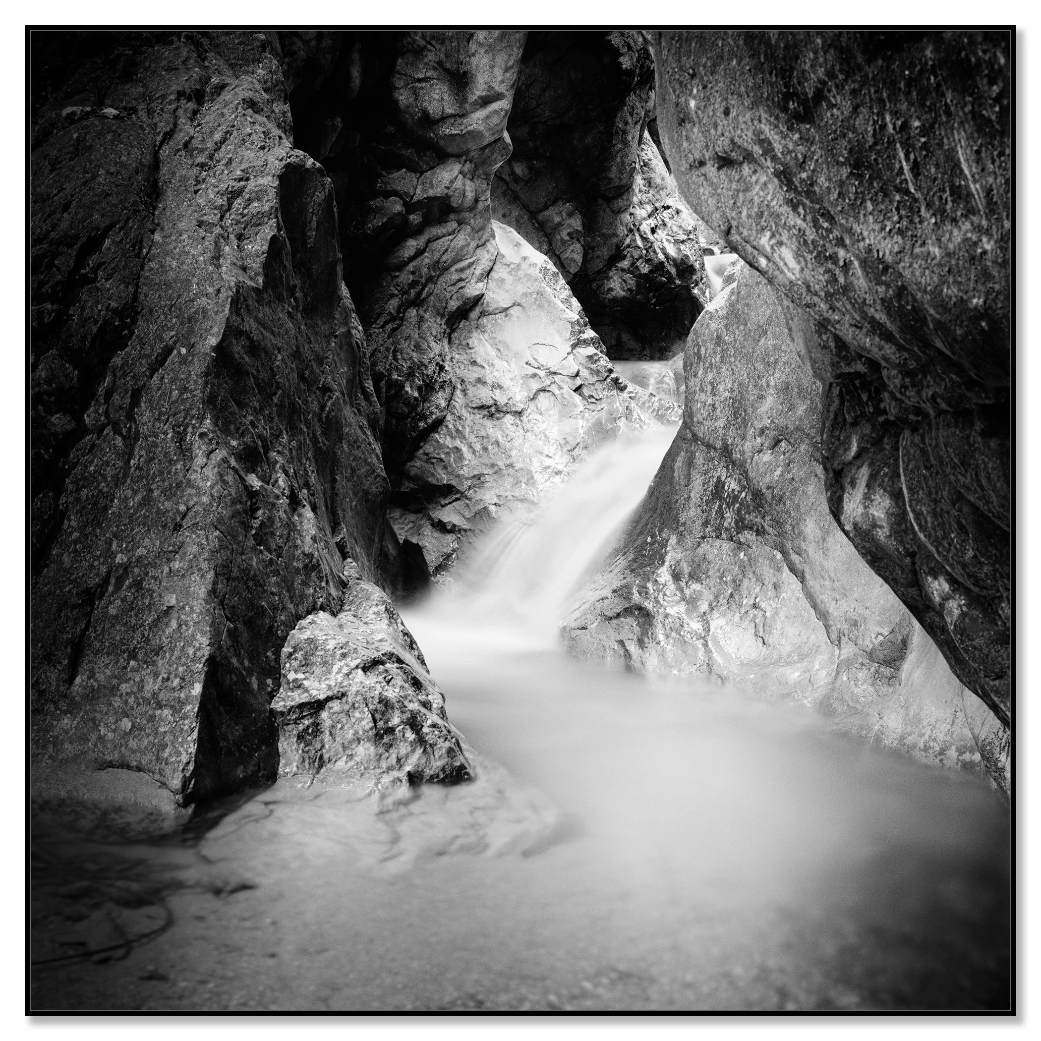 Wild Water Canyon Study 1 – Austria, black-and-white photograph in a black aluminium ArtBox frame