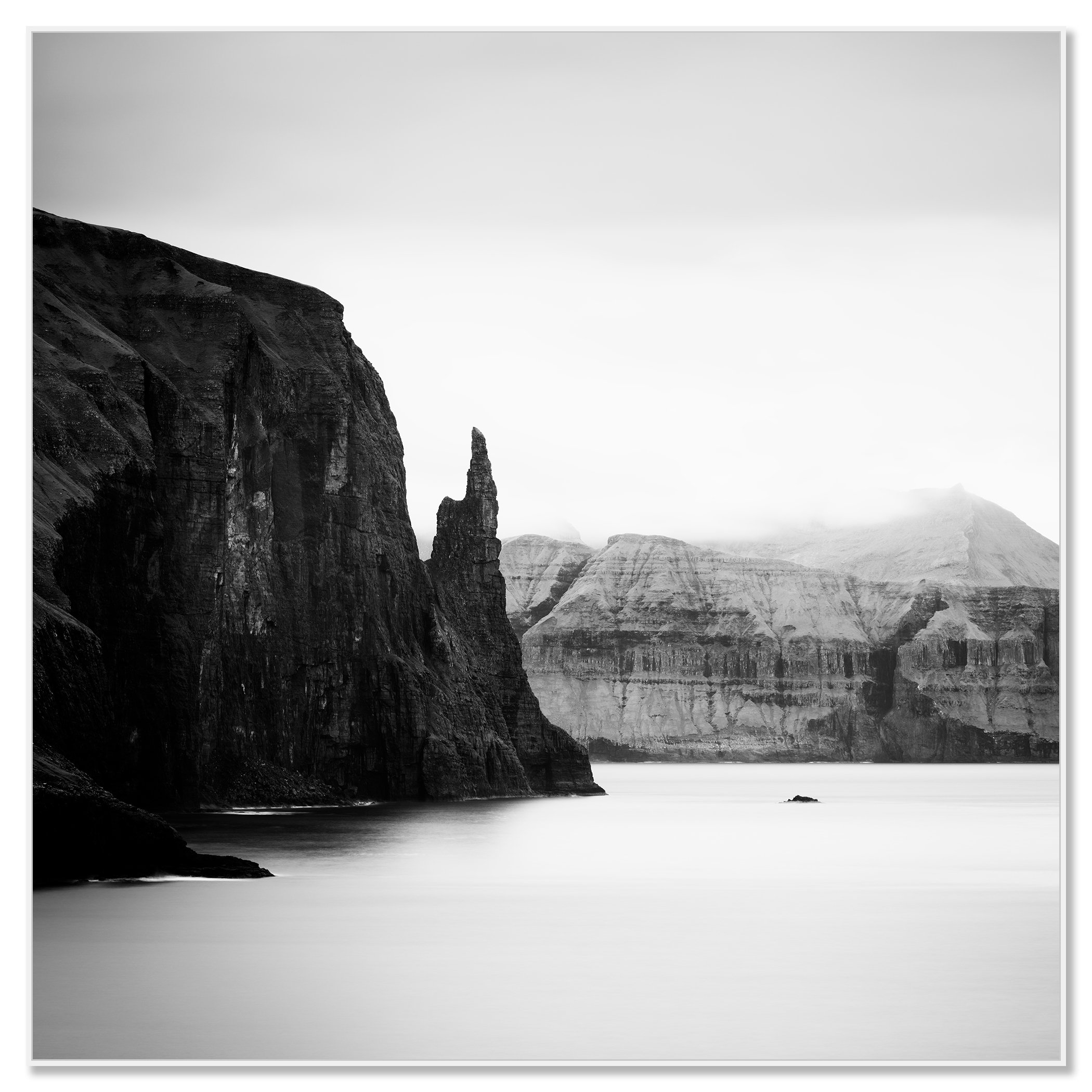 Trøllkonufingur Monolith Study 2, Faroe Islands, shown on aluminium Dibond in a white aluminium ArtBox frame by Gerald Berghammer.